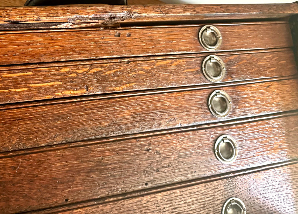Vintage Oak Machinist Tool Chest | Wooden Tool Chest | Oak Journeyman Chest | 6 Drawer Wood Toolbox With Front Cover | Wood Tool Chest
