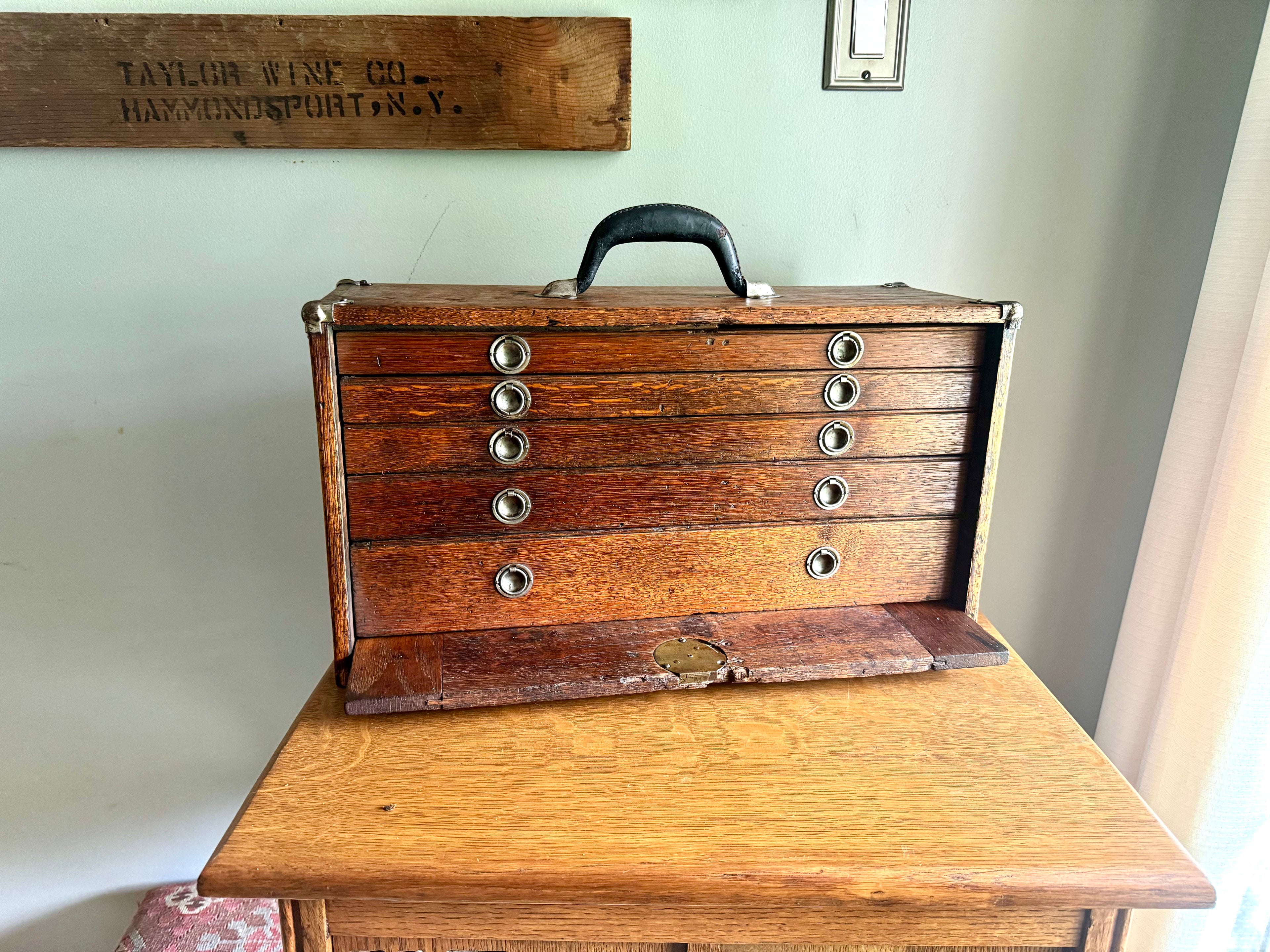 Vintage Oak Machinist Tool Chest | Wooden Tool Chest | Oak Journeyman Chest | 6 Drawer Wood Toolbox With Front Cover | Wood Tool Chest