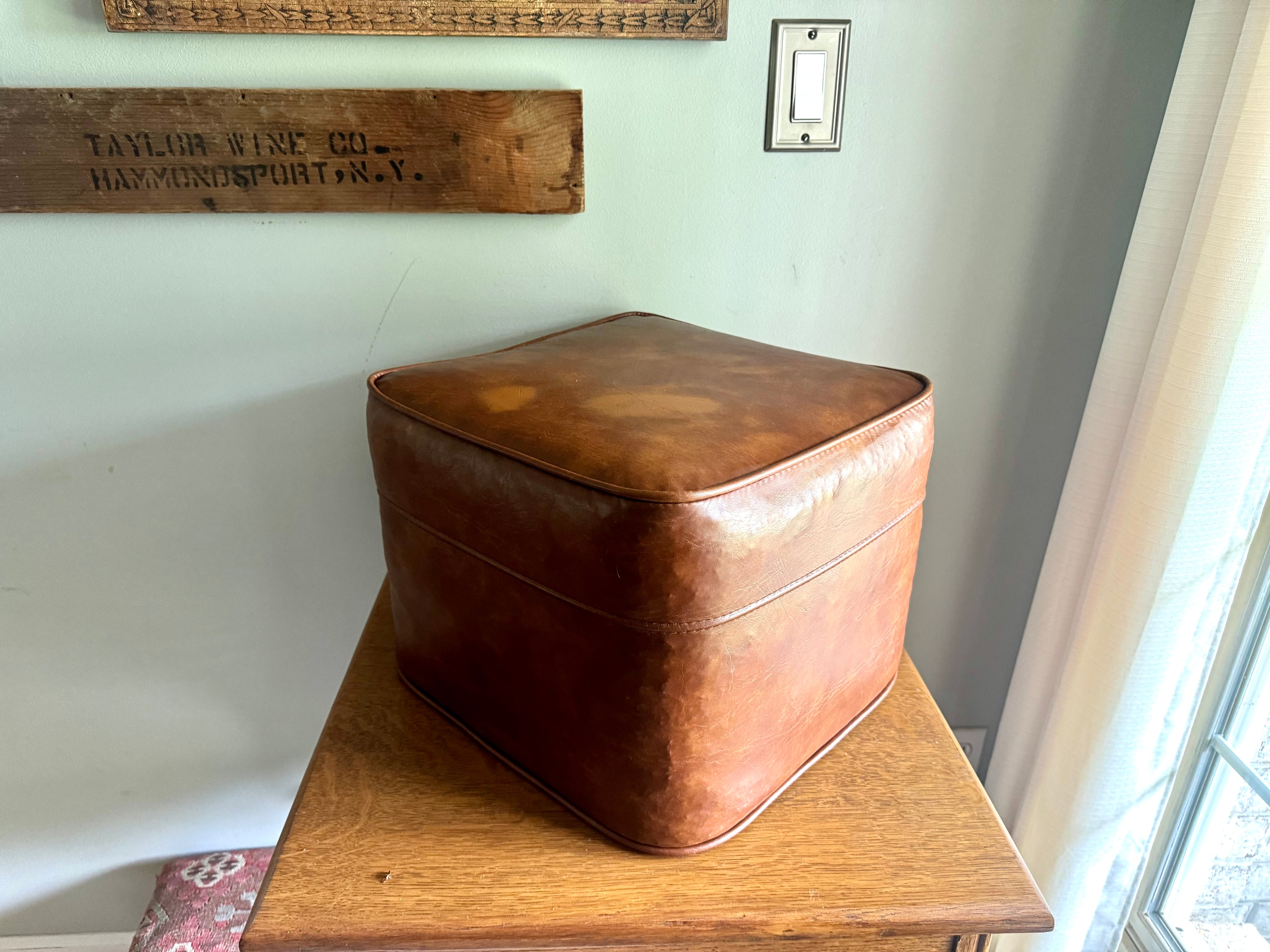 Mid Century Ottoman | Retro Faux Leather Foot Stool | Brown Vinyl Ottoman | Square Ottoman | Brown Vinyl Ottoman | MCM Decor