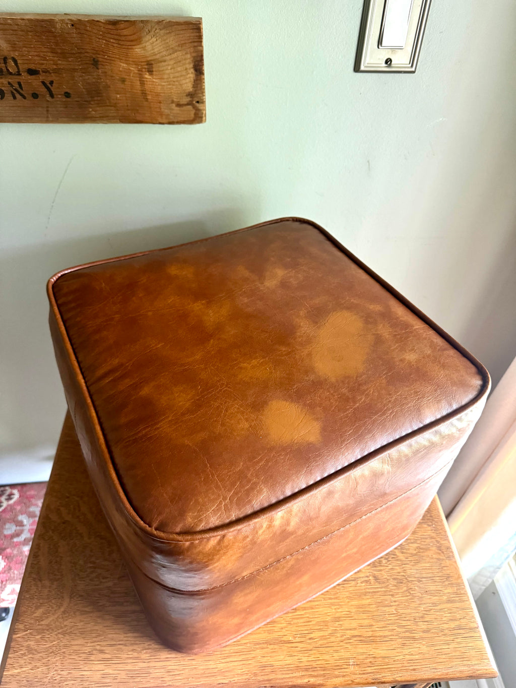 Mid Century Ottoman | Retro Faux Leather Foot Stool | Brown Vinyl Ottoman | Square Ottoman | Brown Vinyl Ottoman | MCM Decor