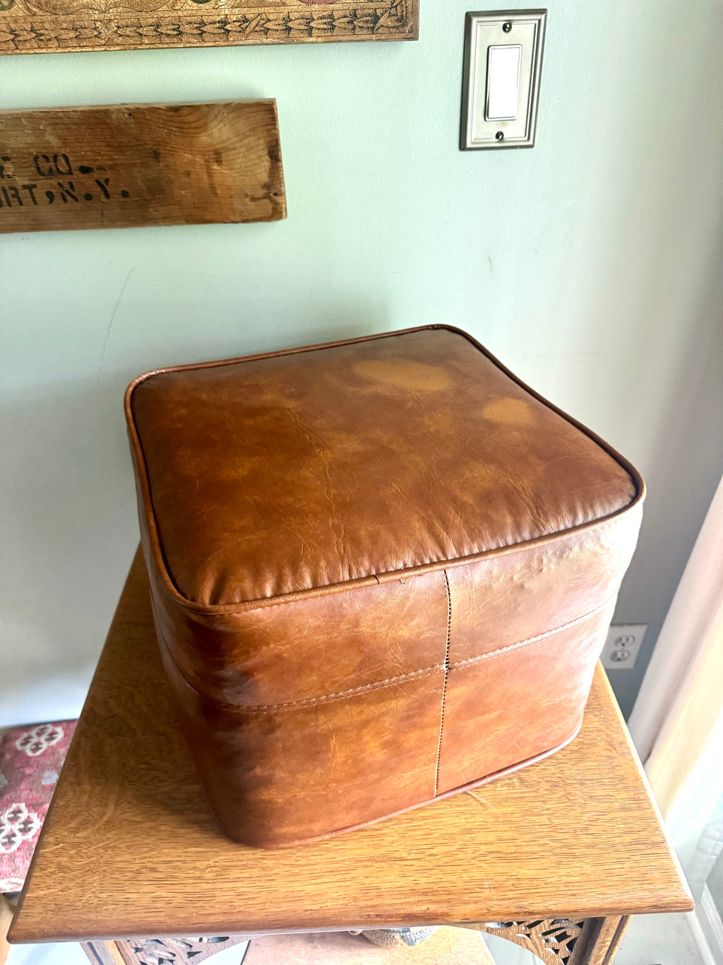 Mid Century Ottoman | Retro Faux Leather Foot Stool | Brown Vinyl Ottoman | Square Ottoman | Brown Vinyl Ottoman | MCM Decor