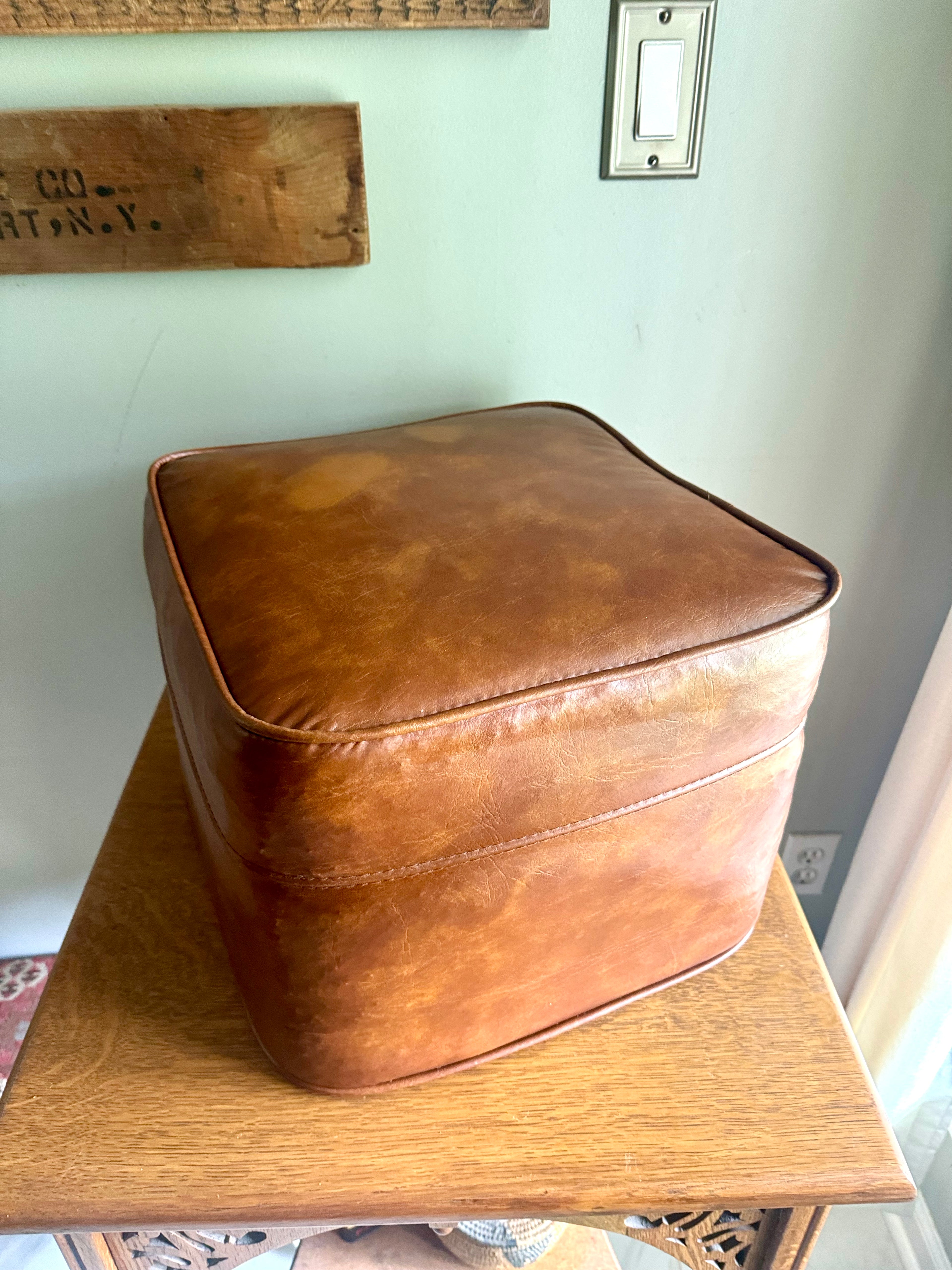 Mid Century Ottoman | Retro Faux Leather Foot Stool | Brown Vinyl Ottoman | Square Ottoman | Brown Vinyl Ottoman | MCM Decor