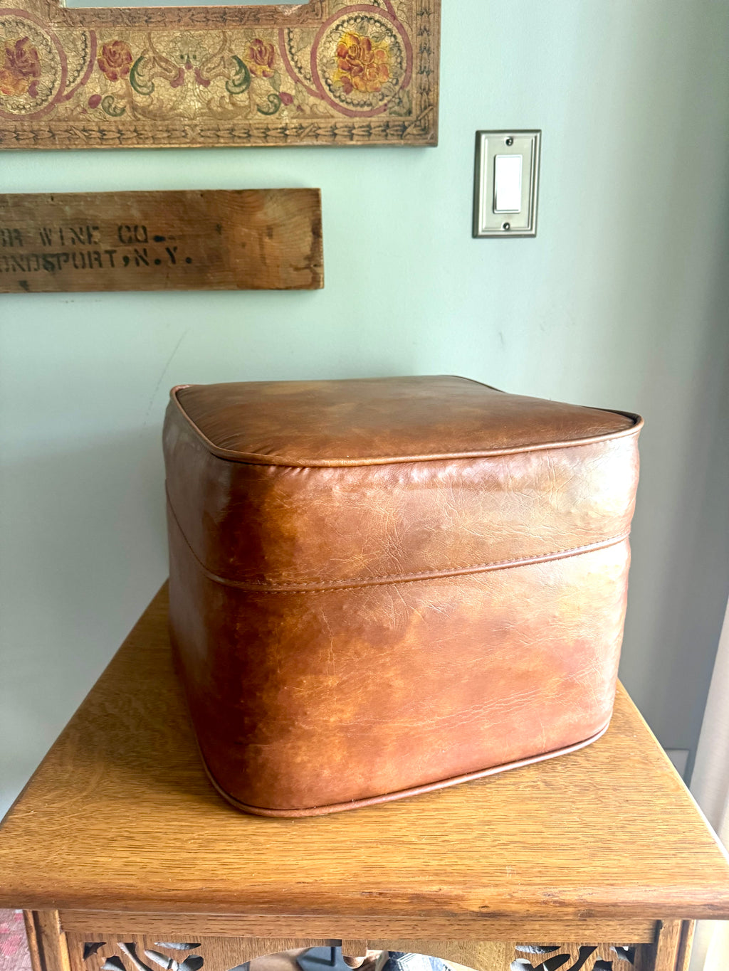 Mid Century Ottoman | Retro Faux Leather Foot Stool | Brown Vinyl Ottoman | Square Ottoman | Brown Vinyl Ottoman | MCM Decor