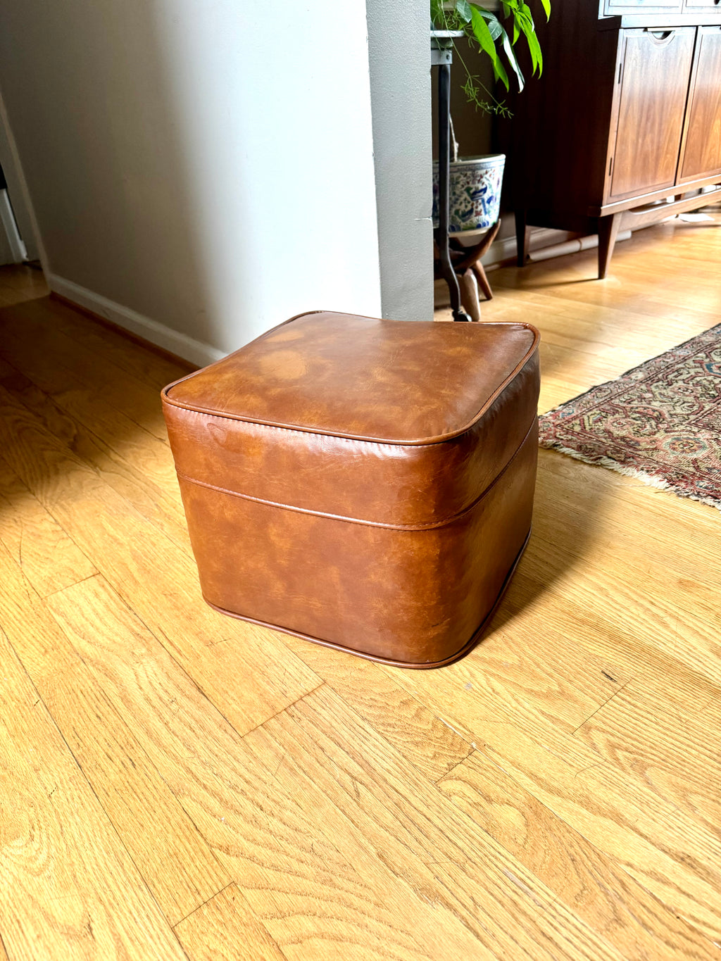 Mid Century Ottoman | Retro Faux Leather Foot Stool | Brown Vinyl Ottoman | Square Ottoman | Brown Vinyl Ottoman | MCM Decor