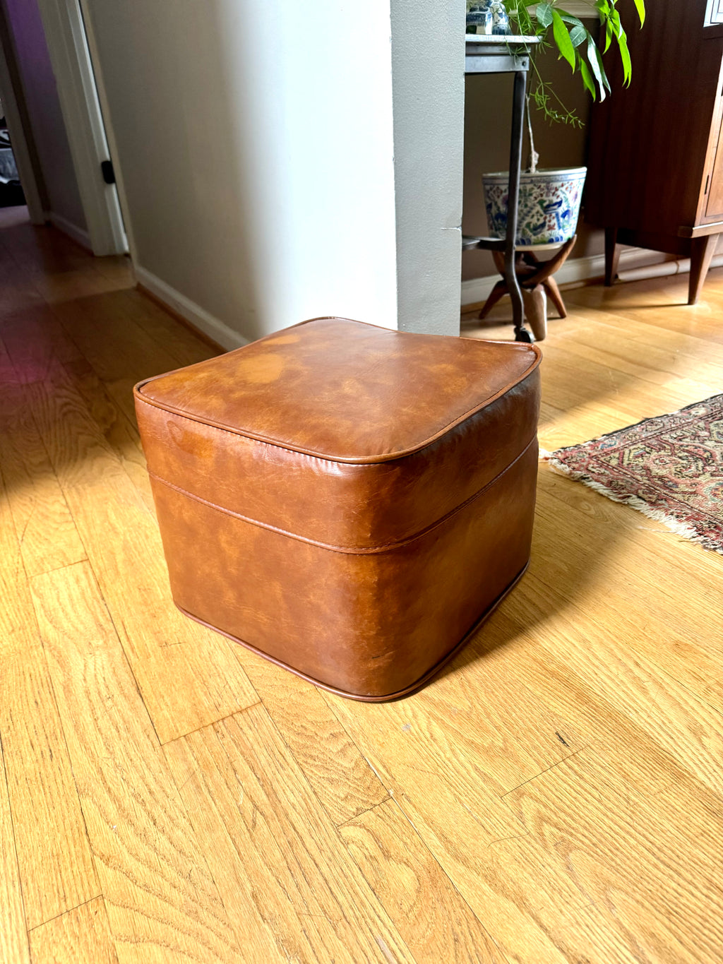 Mid Century Ottoman | Retro Faux Leather Foot Stool | Brown Vinyl Ottoman | Square Ottoman | Brown Vinyl Ottoman | MCM Decor