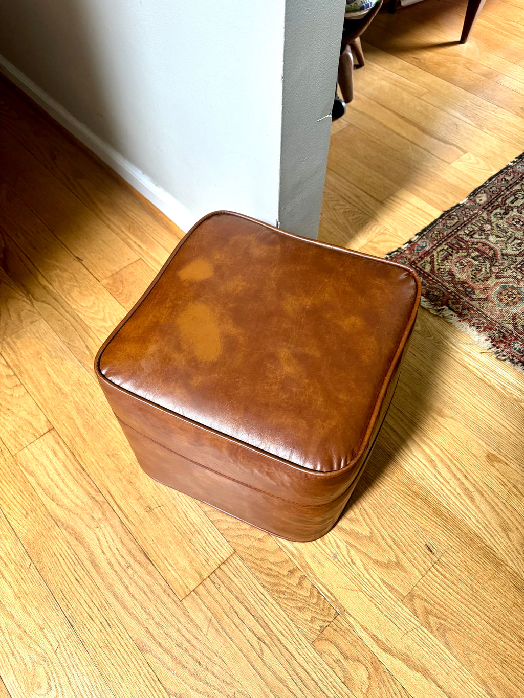 Mid Century Ottoman | Retro Faux Leather Foot Stool | Brown Vinyl Ottoman | Square Ottoman | Brown Vinyl Ottoman | MCM Decor