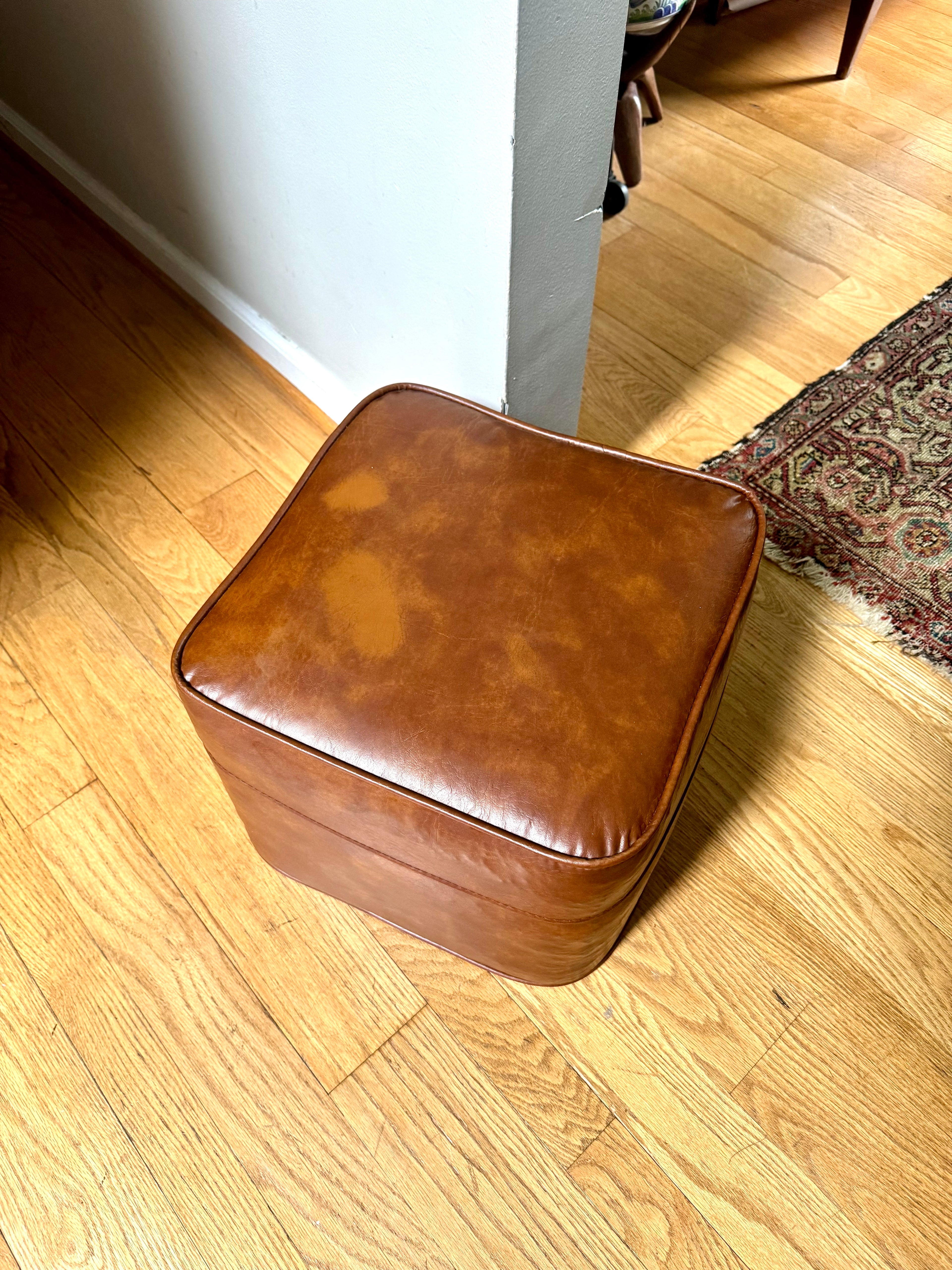 Mid Century Ottoman | Retro Faux Leather Foot Stool | Brown Vinyl Ottoman | Square Ottoman | Brown Vinyl Ottoman | MCM Decor