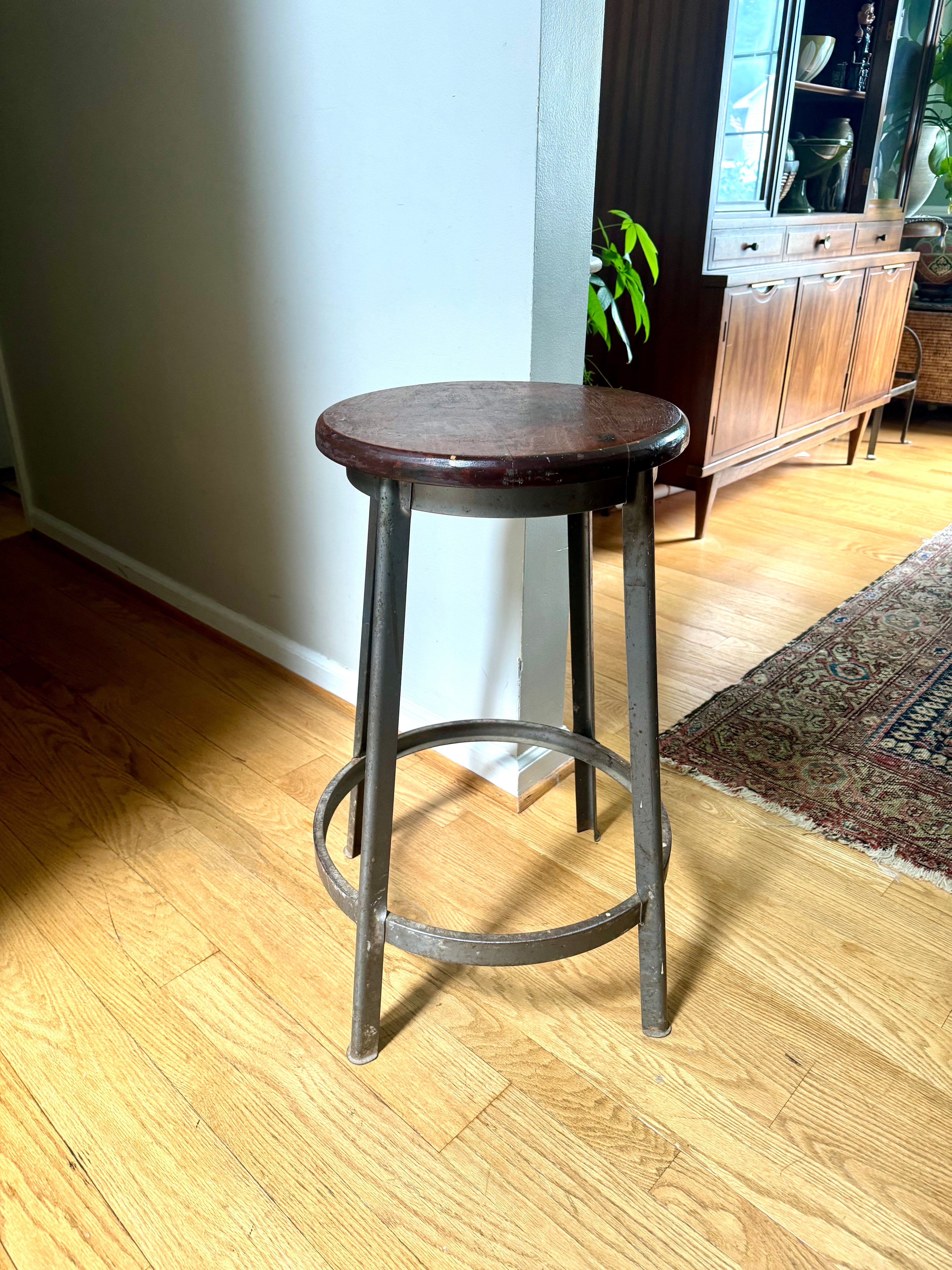 Vintage Industrial Mayline Drafting Stool | Tall Metal Stool With Wood Top | Industrial Factory Stool | Grey Painted Factory Stool