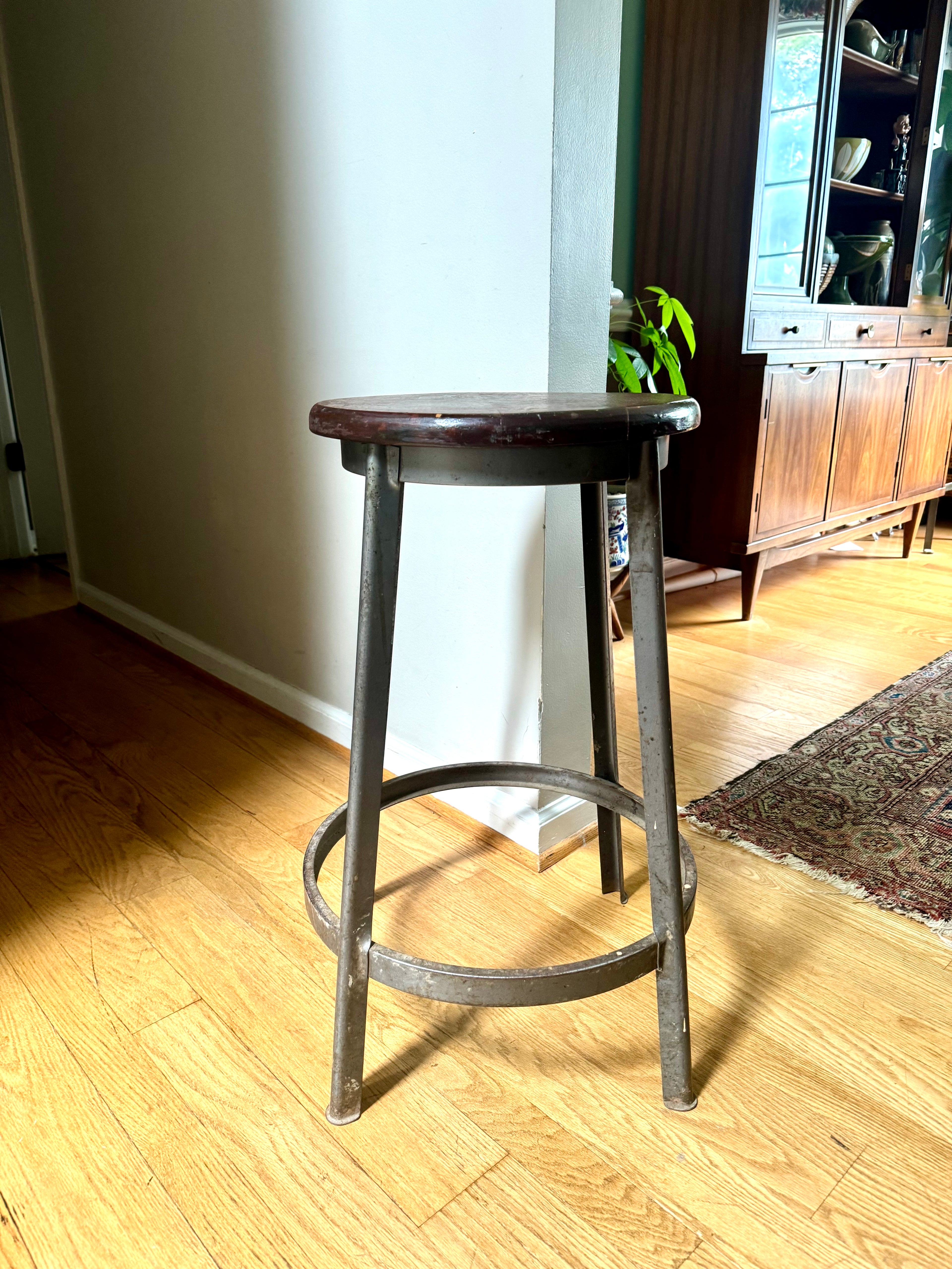 Vintage Industrial Mayline Drafting Stool | Tall Metal Stool With Wood Top | Industrial Factory Stool | Grey Painted Factory Stool