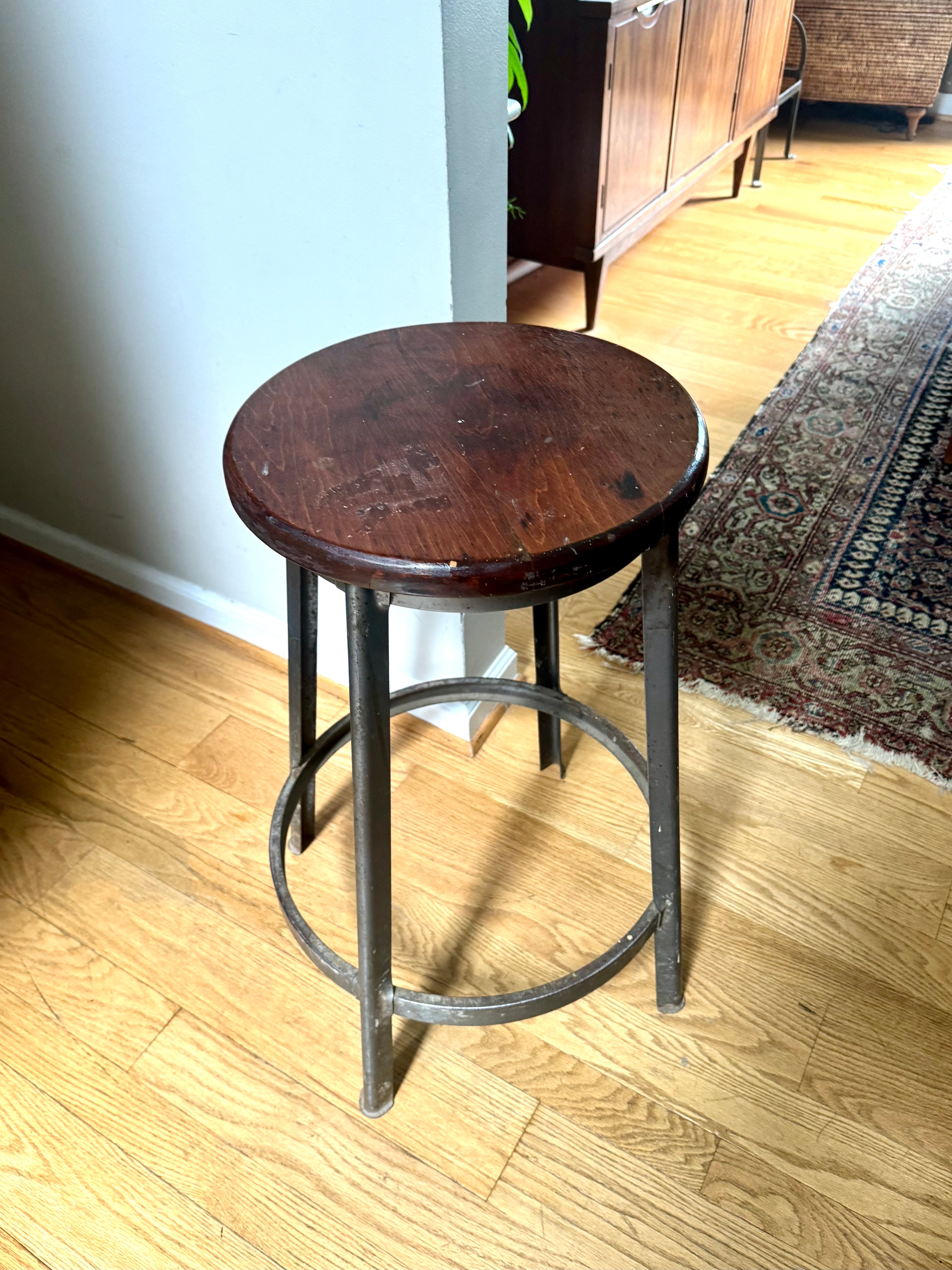 Vintage Industrial Mayline Drafting Stool | Tall Metal Stool With Wood Top | Industrial Factory Stool | Grey Painted Factory Stool