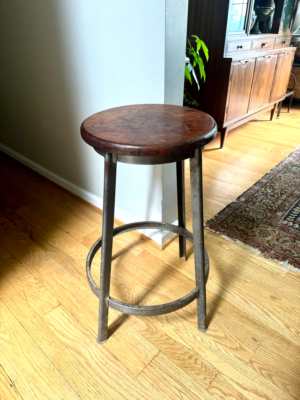 Vintage Industrial Mayline Drafting Stool | Tall Metal Stool With Wood Top | Industrial Factory Stool | Grey Painted Factory Stool