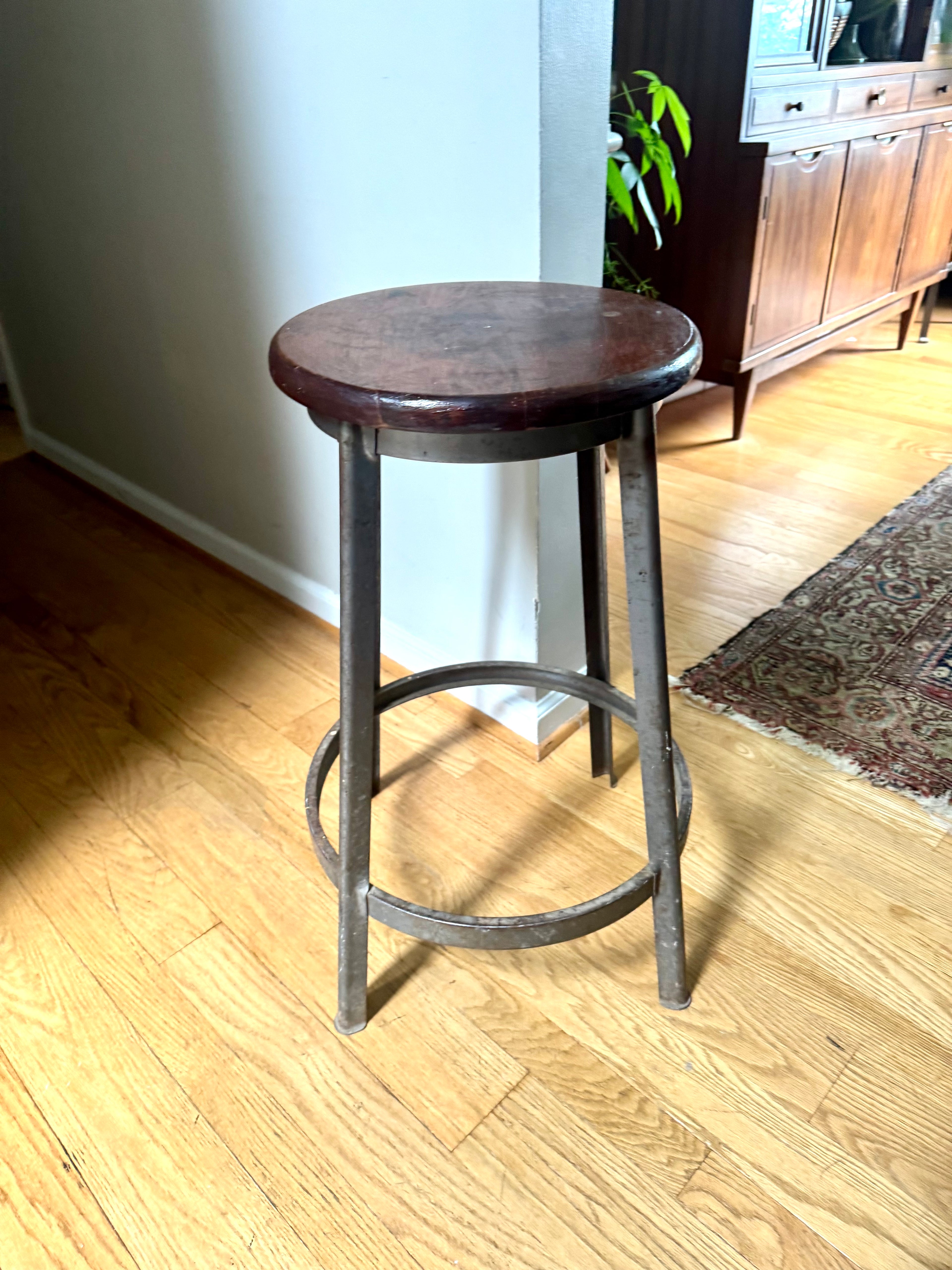 Vintage Industrial Mayline Drafting Stool | Tall Metal Stool With Wood Top | Industrial Factory Stool | Grey Painted Factory Stool