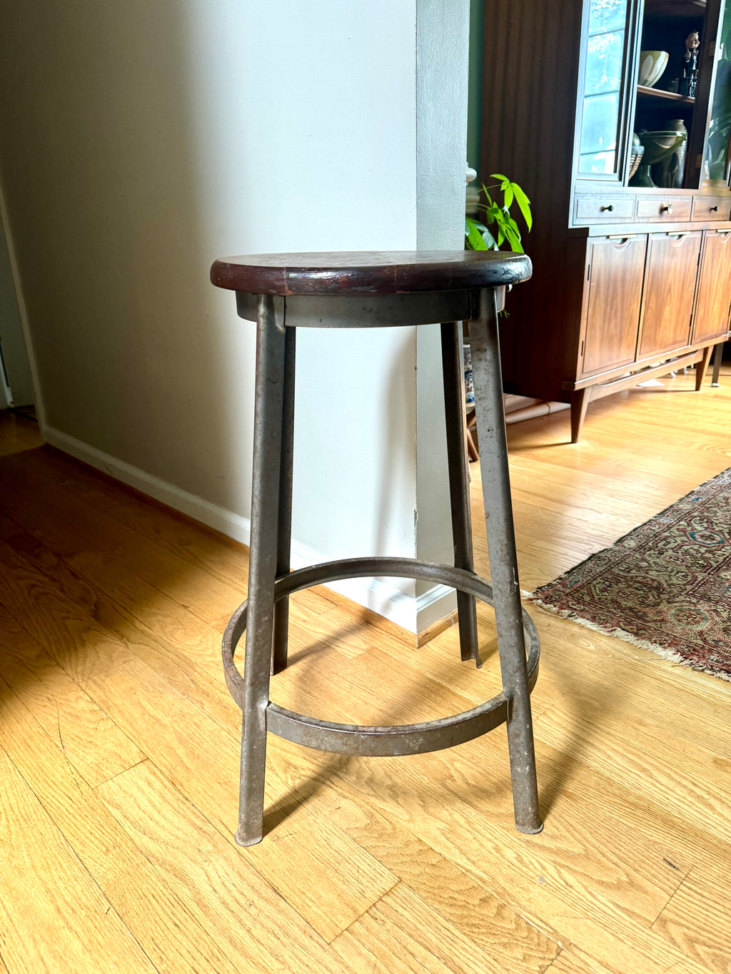 Vintage Industrial Mayline Drafting Stool | Tall Metal Stool With Wood Top | Industrial Factory Stool | Grey Painted Factory Stool