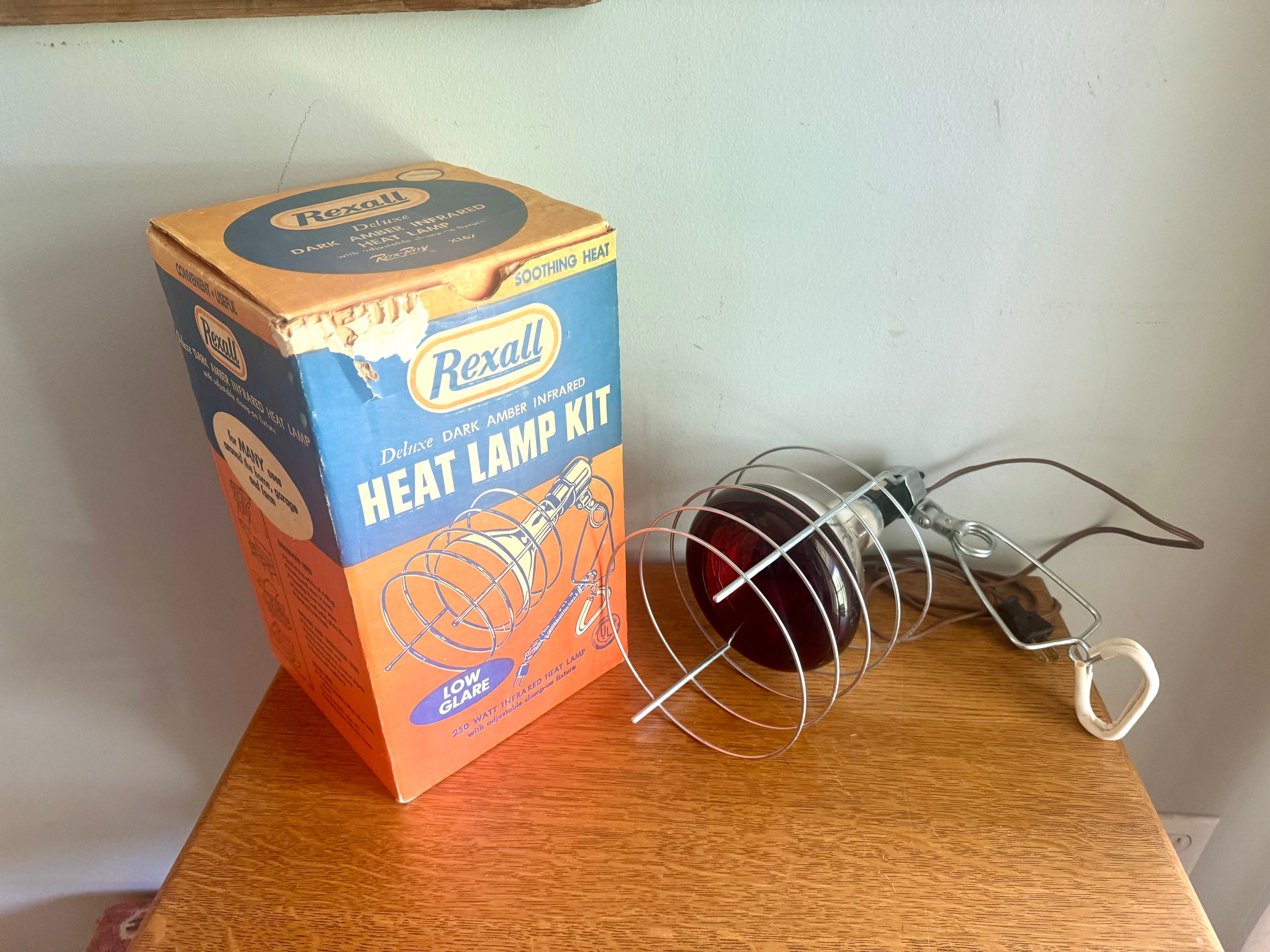 Vintage Rexell Deluxe Infrared Heat Lamp Kit | Rexall X167 Dark Amber Infrared Heat Lamp and Clamp | Clamp On Red Infrared Table Heatlamp