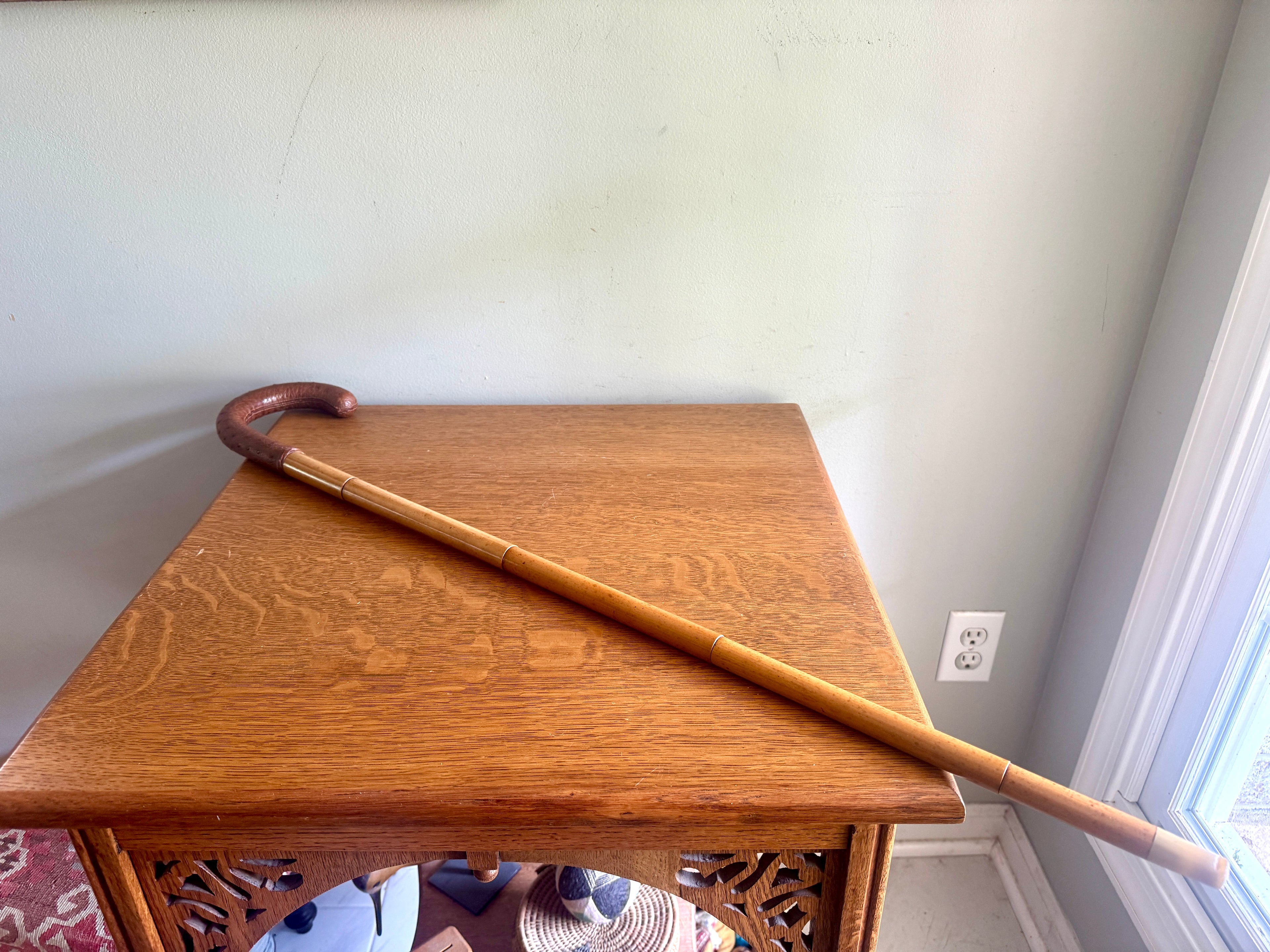 Vintage Ostrich Leather Wrapped Crook Handle Walking Cane ~ Bamboo and Ostrich Leather Walking Cane