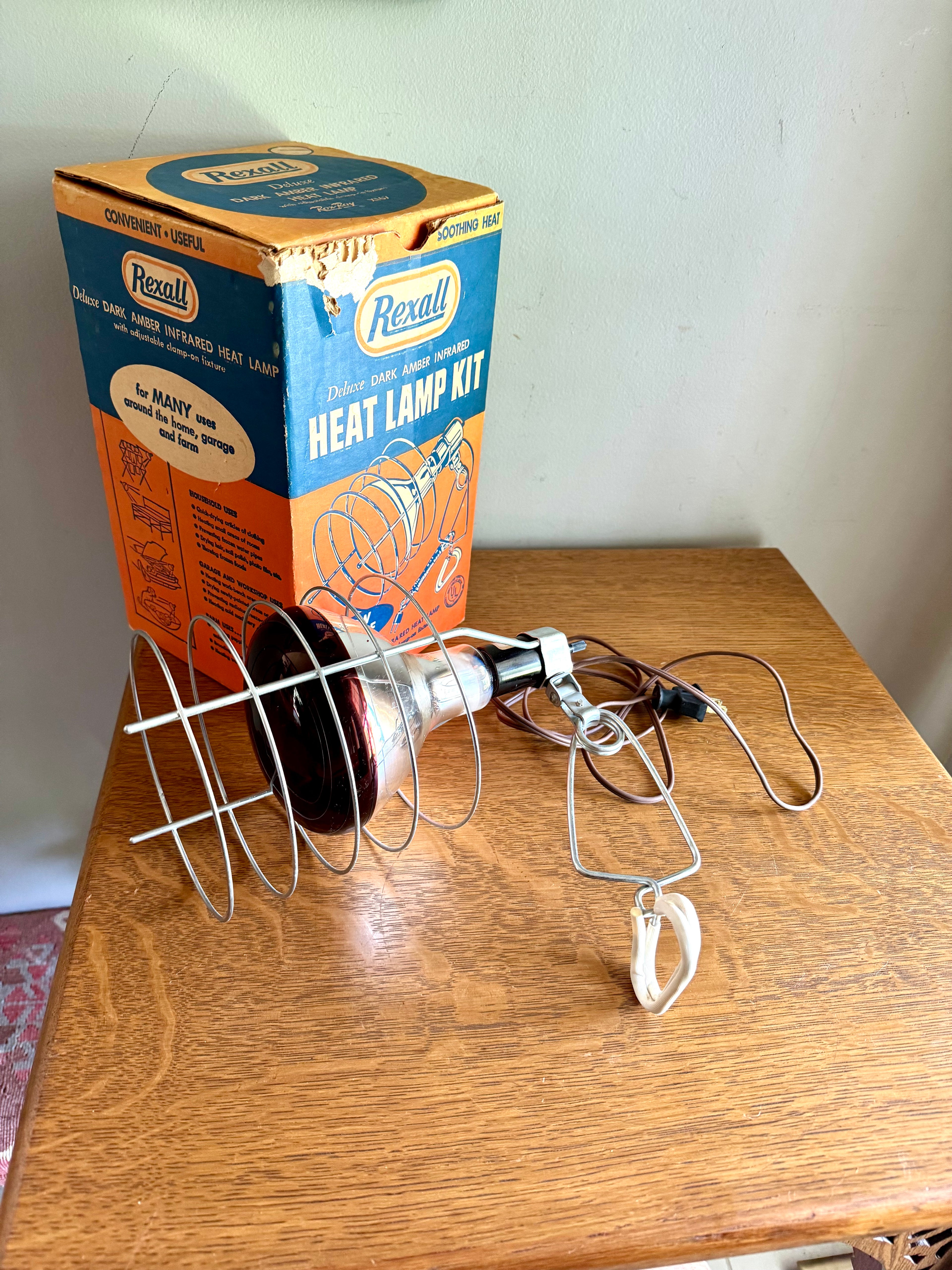 Vintage Rexell Deluxe Infrared Heat Lamp Kit | Rexall X167 Dark Amber Infrared Heat Lamp and Clamp | Clamp On Red Infrared Table Heatlamp