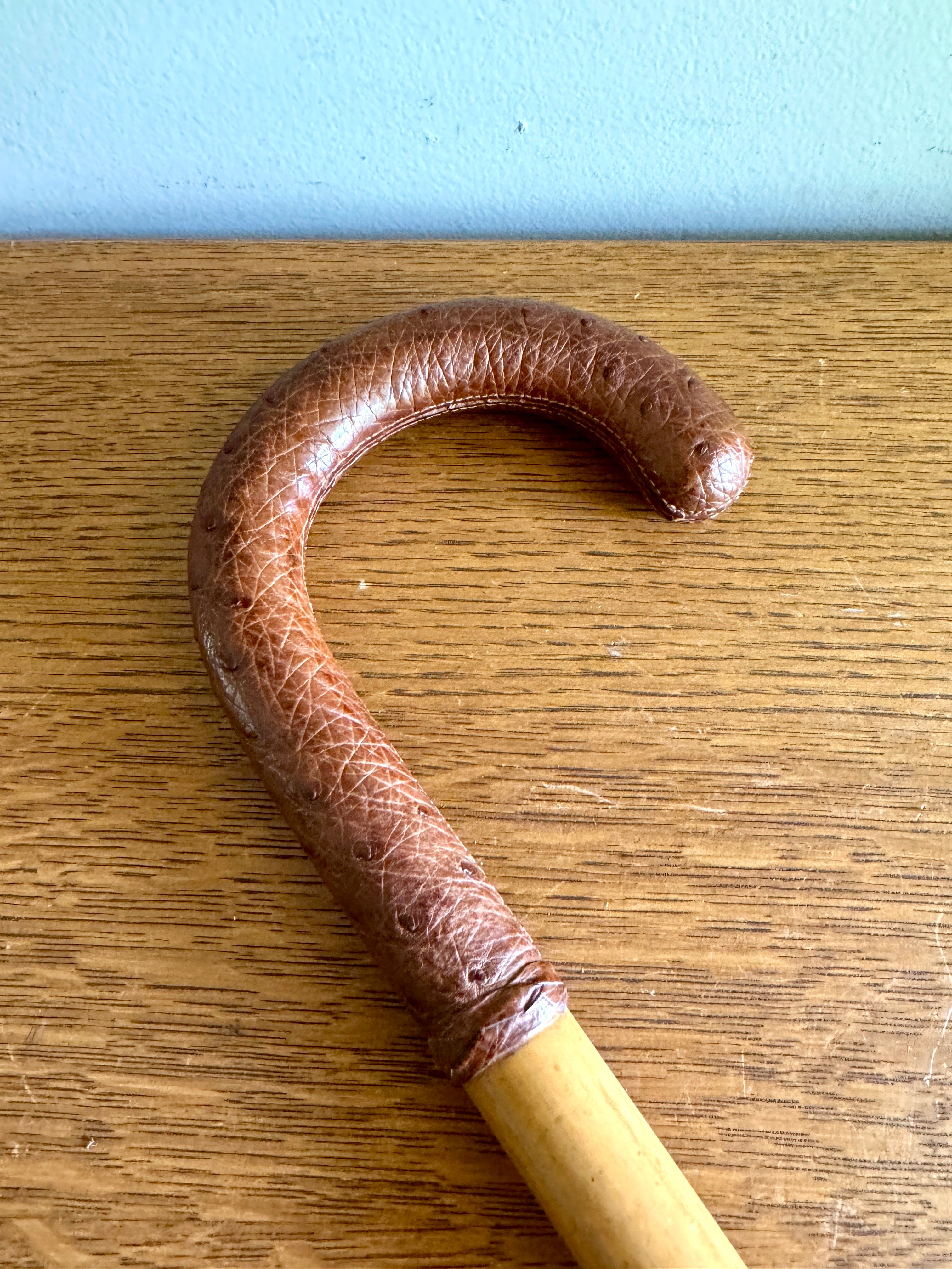 Vintage Ostrich Leather Wrapped Crook Handle Walking Cane ~ Bamboo and Ostrich Leather Walking Cane