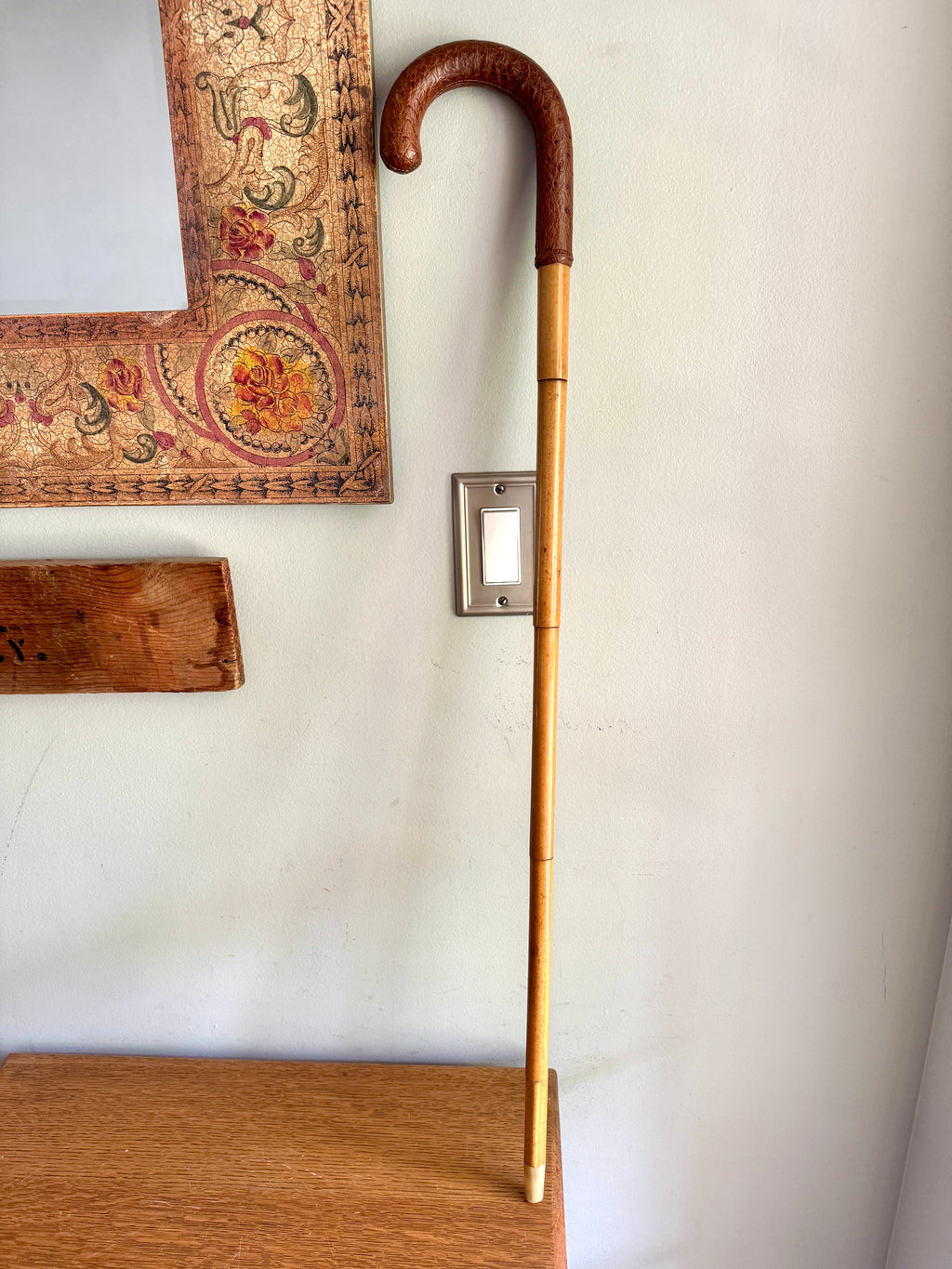 Vintage Ostrich Leather Wrapped Crook Handle Walking Cane ~ Bamboo and Ostrich Leather Walking Cane