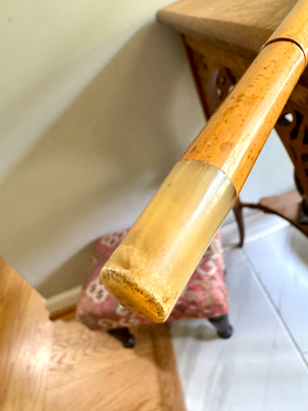 Vintage Ostrich Leather Wrapped Crook Handle Walking Cane ~ Bamboo and Ostrich Leather Walking Cane