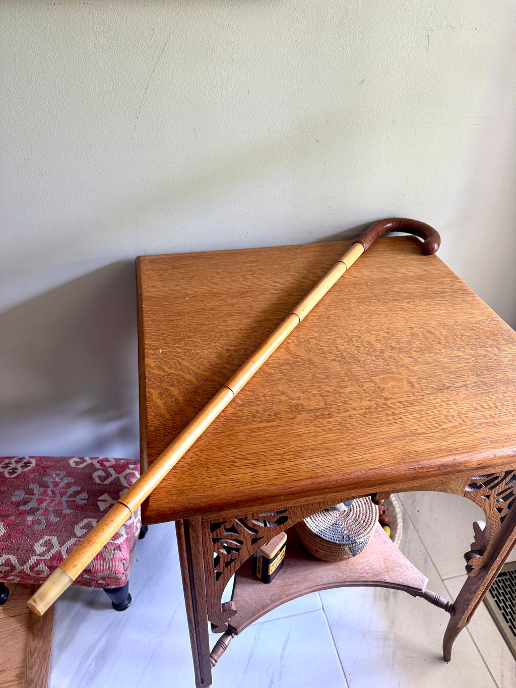 Vintage Ostrich Leather Wrapped Crook Handle Walking Cane ~ Bamboo and Ostrich Leather Walking Cane