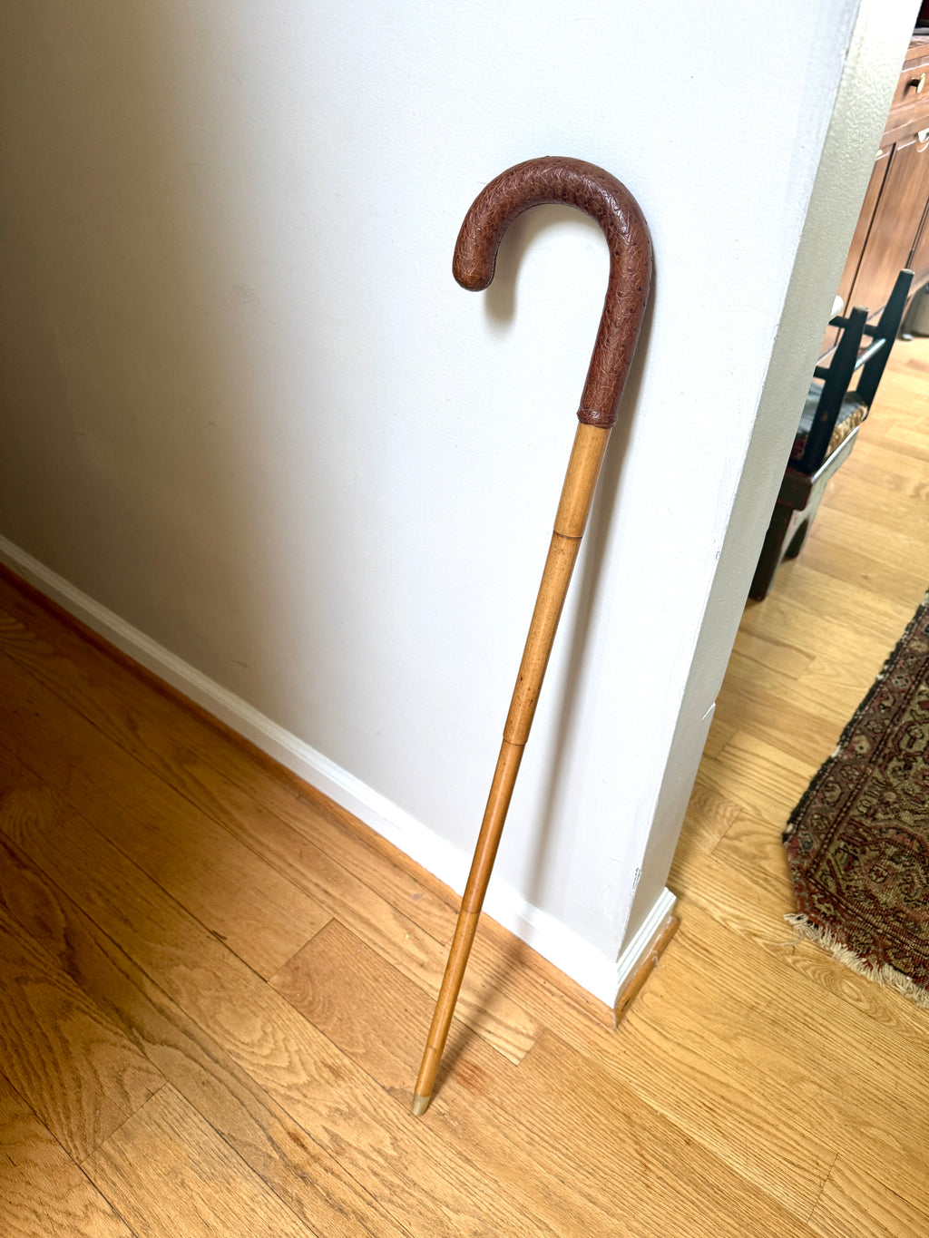 Vintage Ostrich Leather Wrapped Crook Handle Walking Cane ~ Bamboo and Ostrich Leather Walking Cane