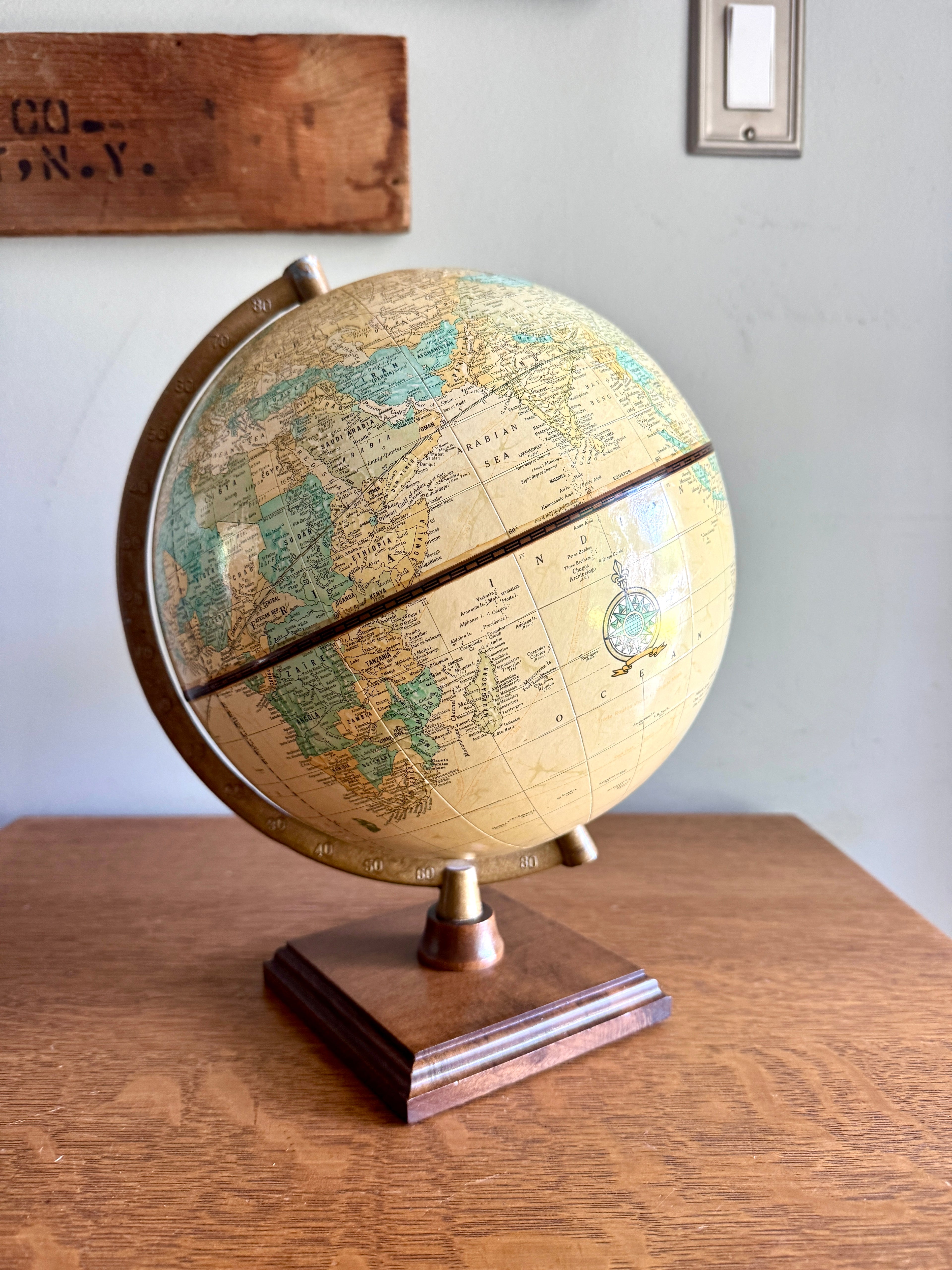 Vintage Cram's "Imperial" 9 Inch Globe, Tan Colored Oceans, Burnished Gold Metal Stand and Square Wood Base