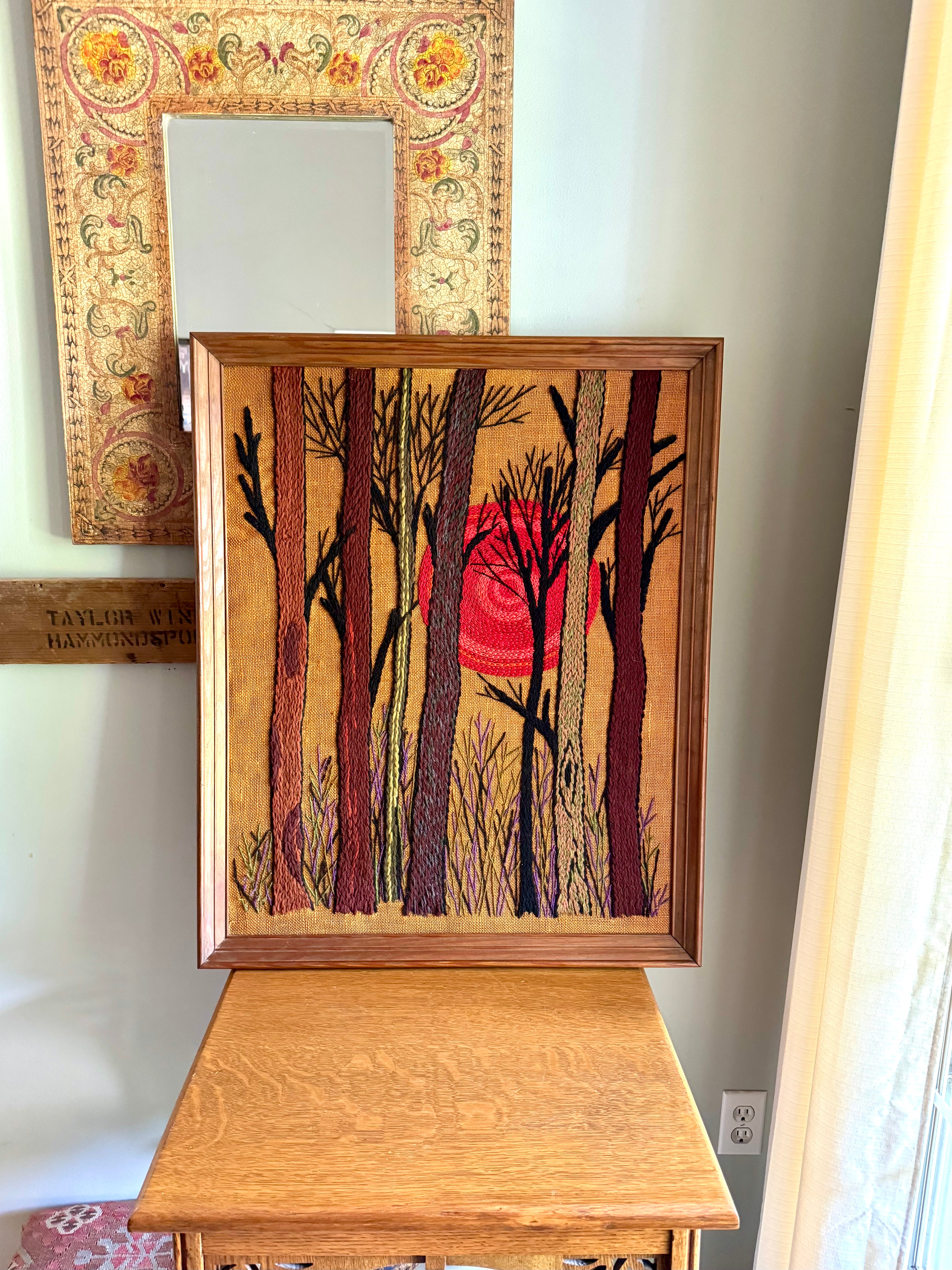 Vintage Bucilla Crewel Needlework Art | Framed Sunset Thru The Trees Embroidery Art | Fall Forest Crewel Needlework Art| Embroidery Wall Art