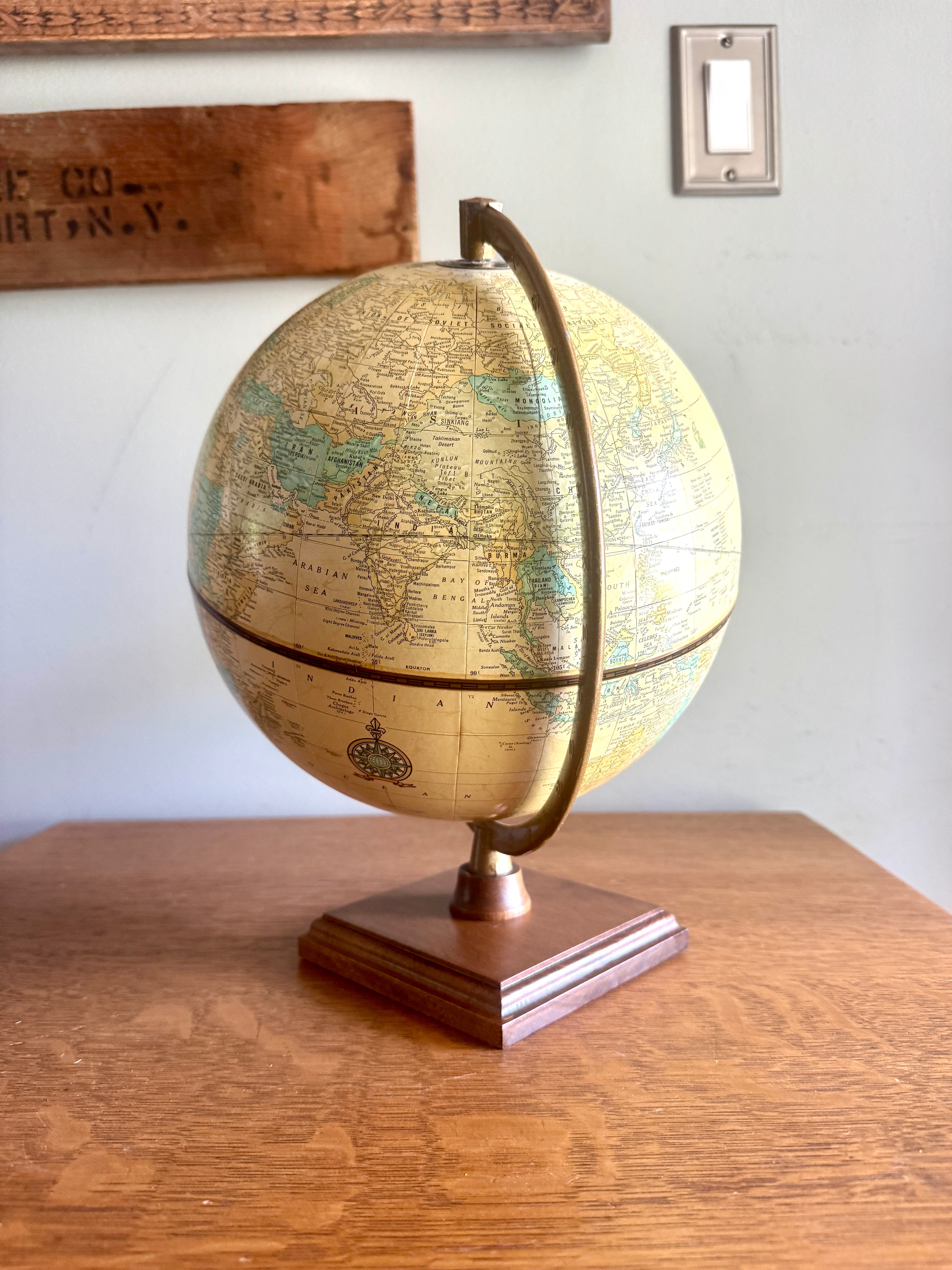 Vintage Cram's "Imperial" 9 Inch Globe, Tan Colored Oceans, Burnished Gold Metal Stand and Square Wood Base