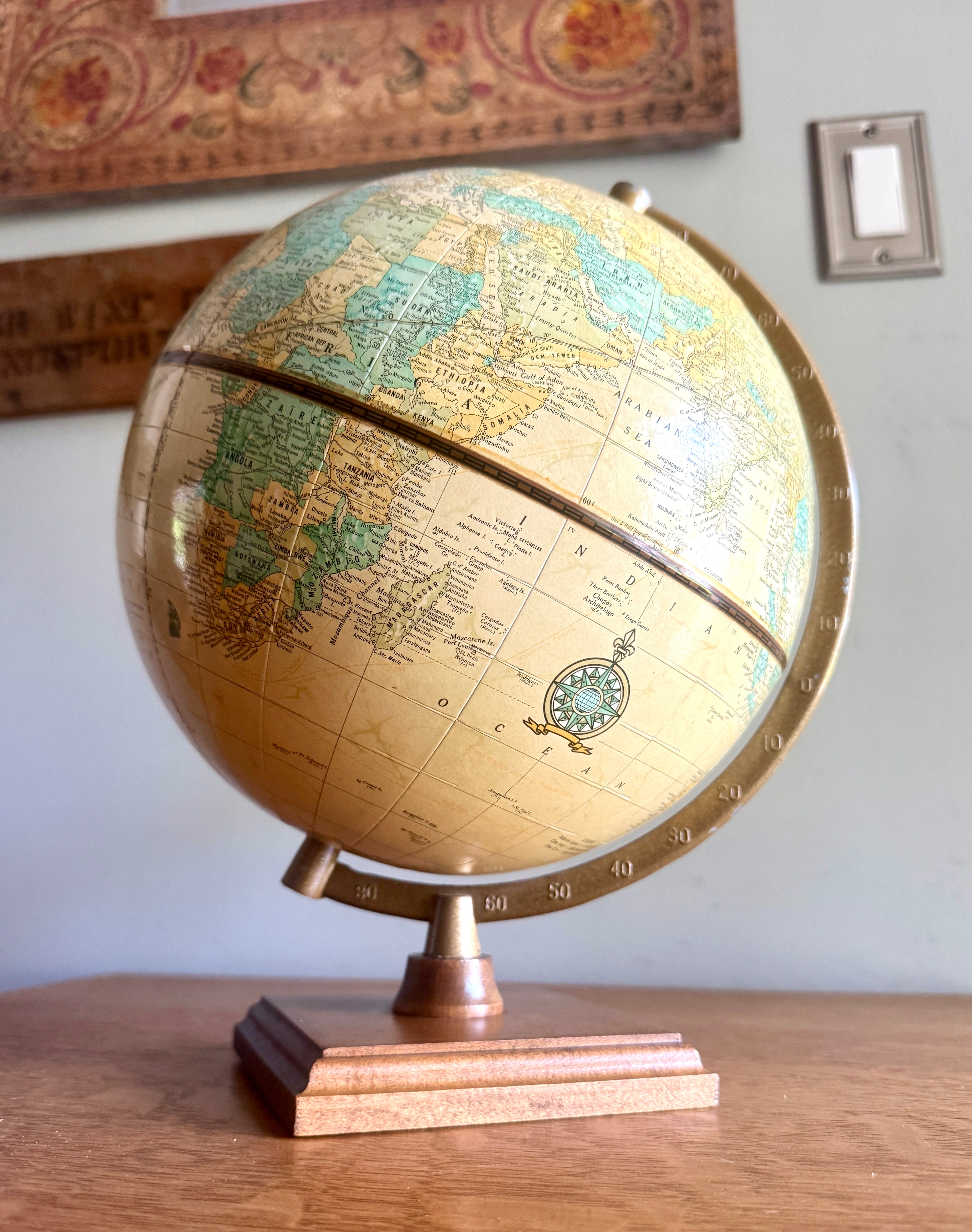 Vintage Cram's "Imperial" 9 Inch Globe, Tan Colored Oceans, Burnished Gold Metal Stand and Square Wood Base