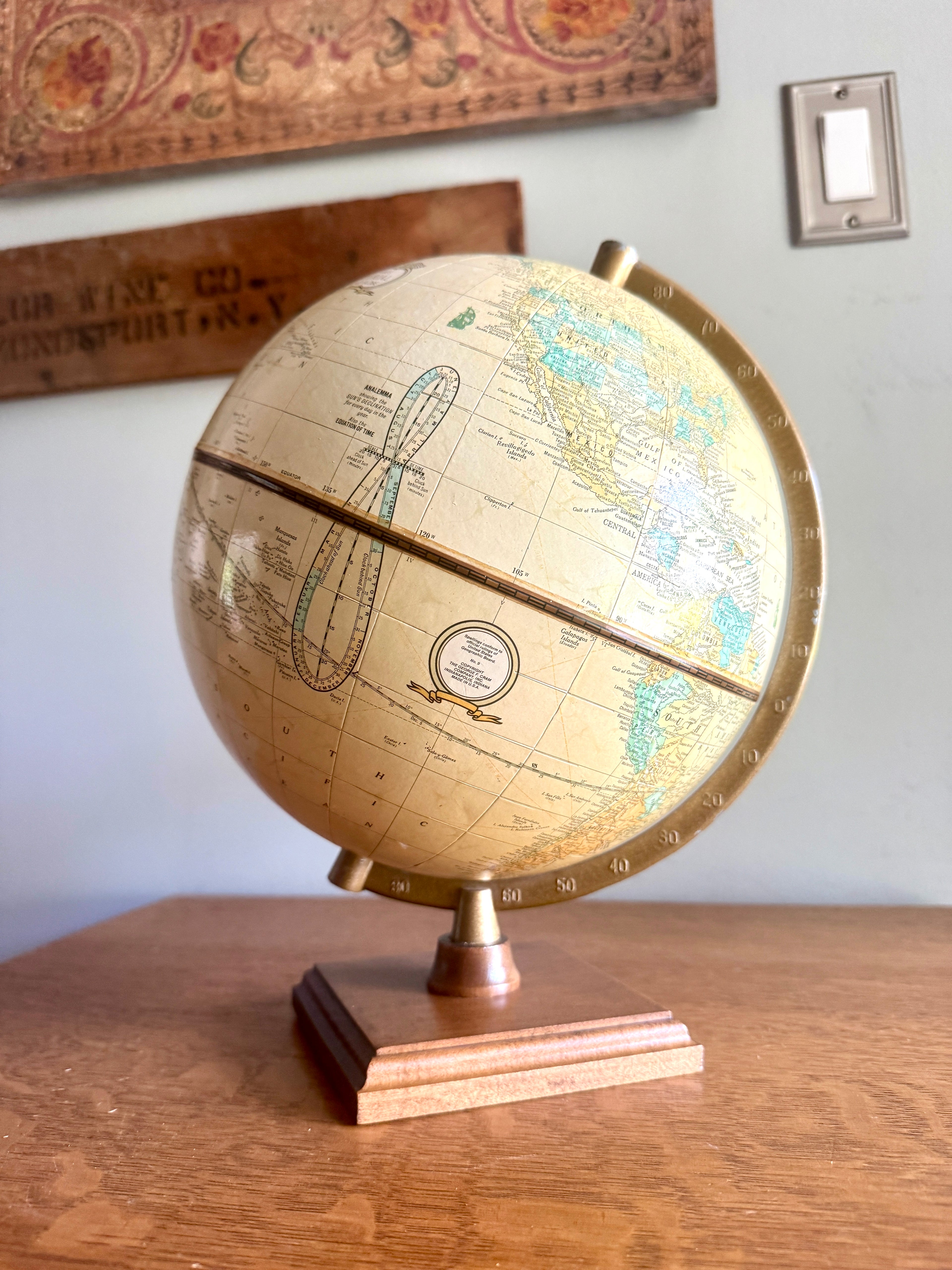 Vintage Cram's "Imperial" 9 Inch Globe, Tan Colored Oceans, Burnished Gold Metal Stand and Square Wood Base