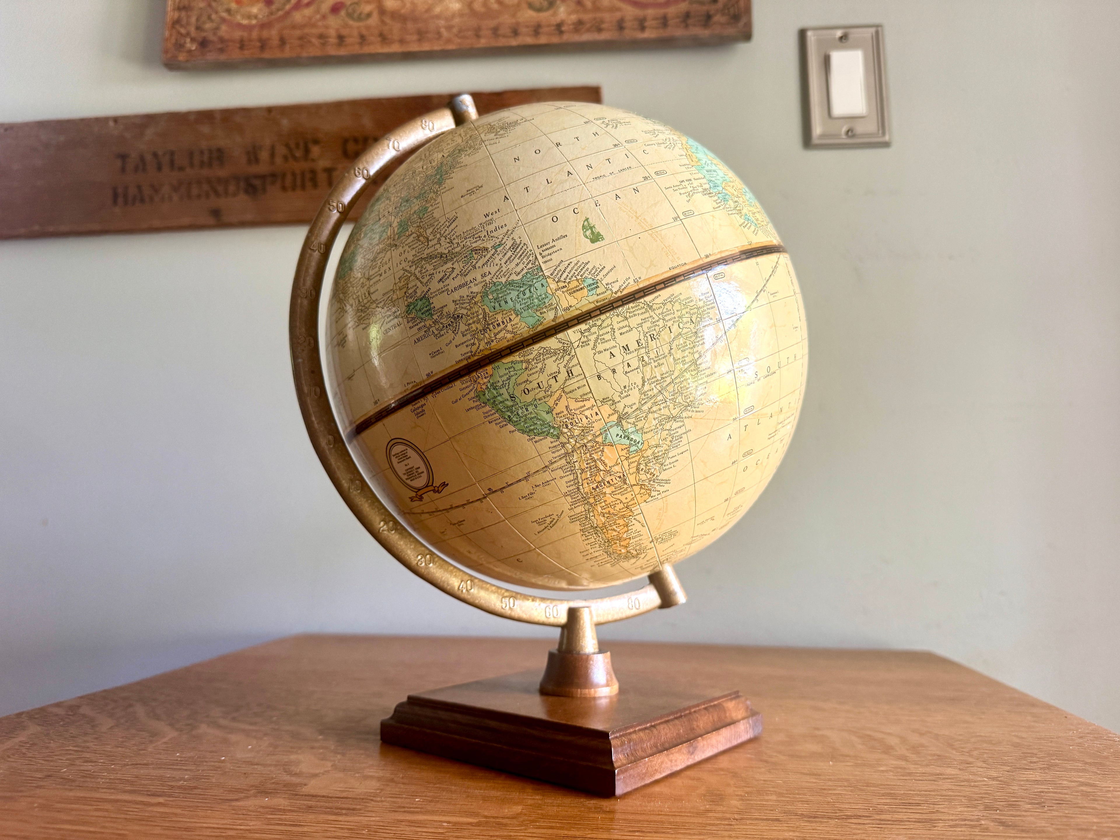 Vintage Cram's "Imperial" 9 Inch Globe, Tan Colored Oceans, Burnished Gold Metal Stand and Square Wood Base