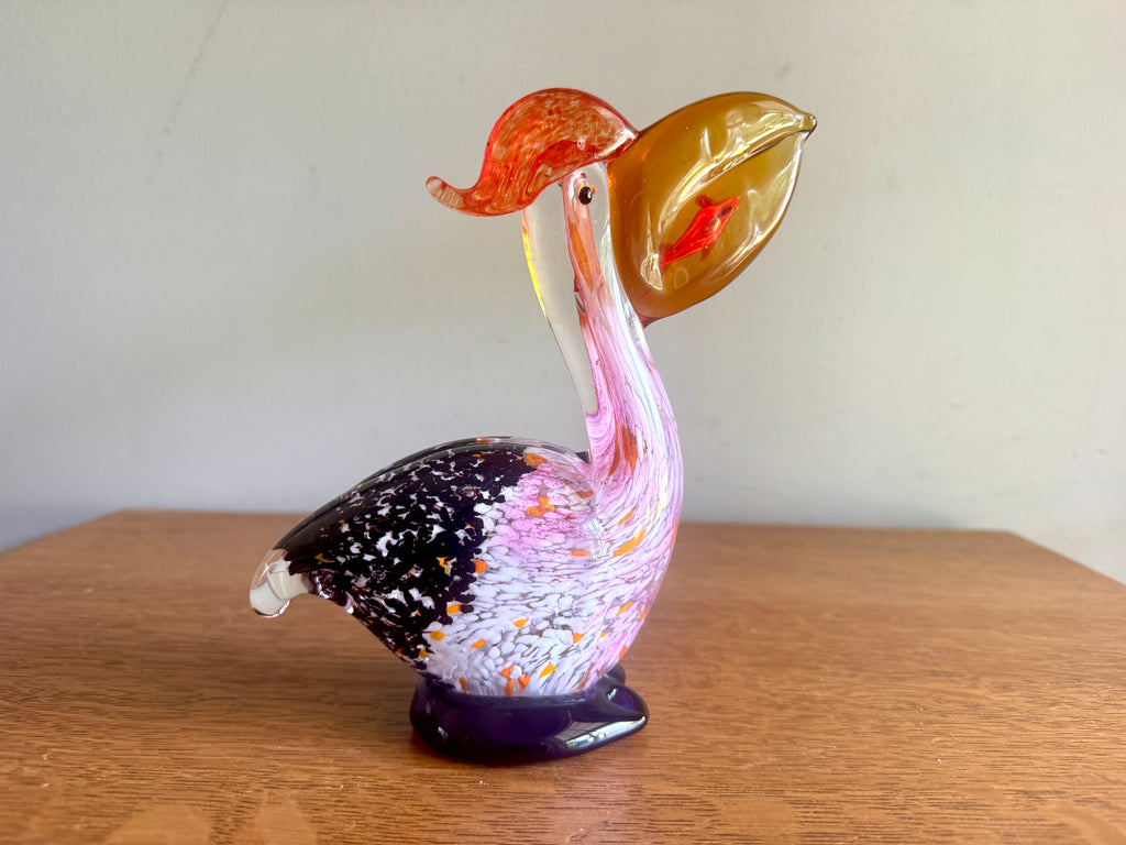 Hand Blown Murano Art Glass Pelican with Blue Base ~ Glass Pelican With Fish In His Mouth