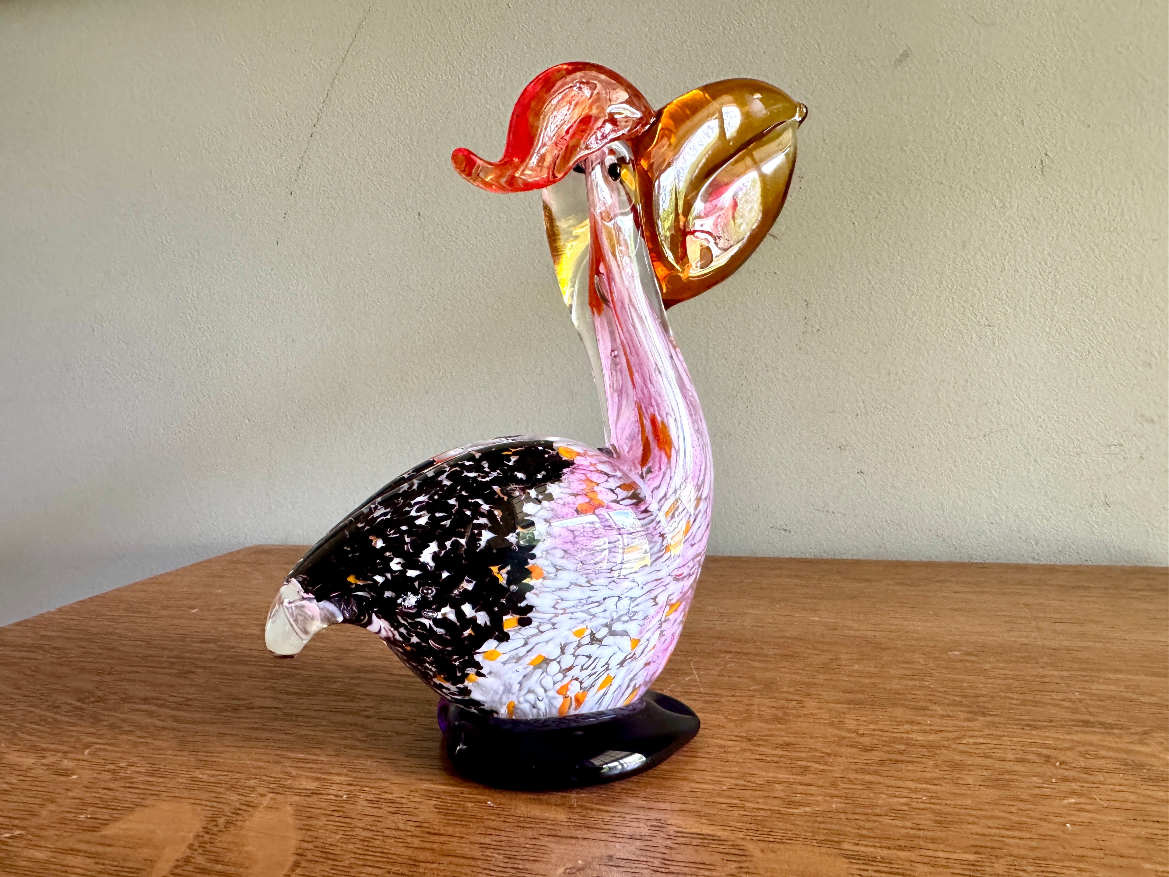 Hand Blown Murano Art Glass Pelican with Blue Base ~ Glass Pelican With Fish In His Mouth