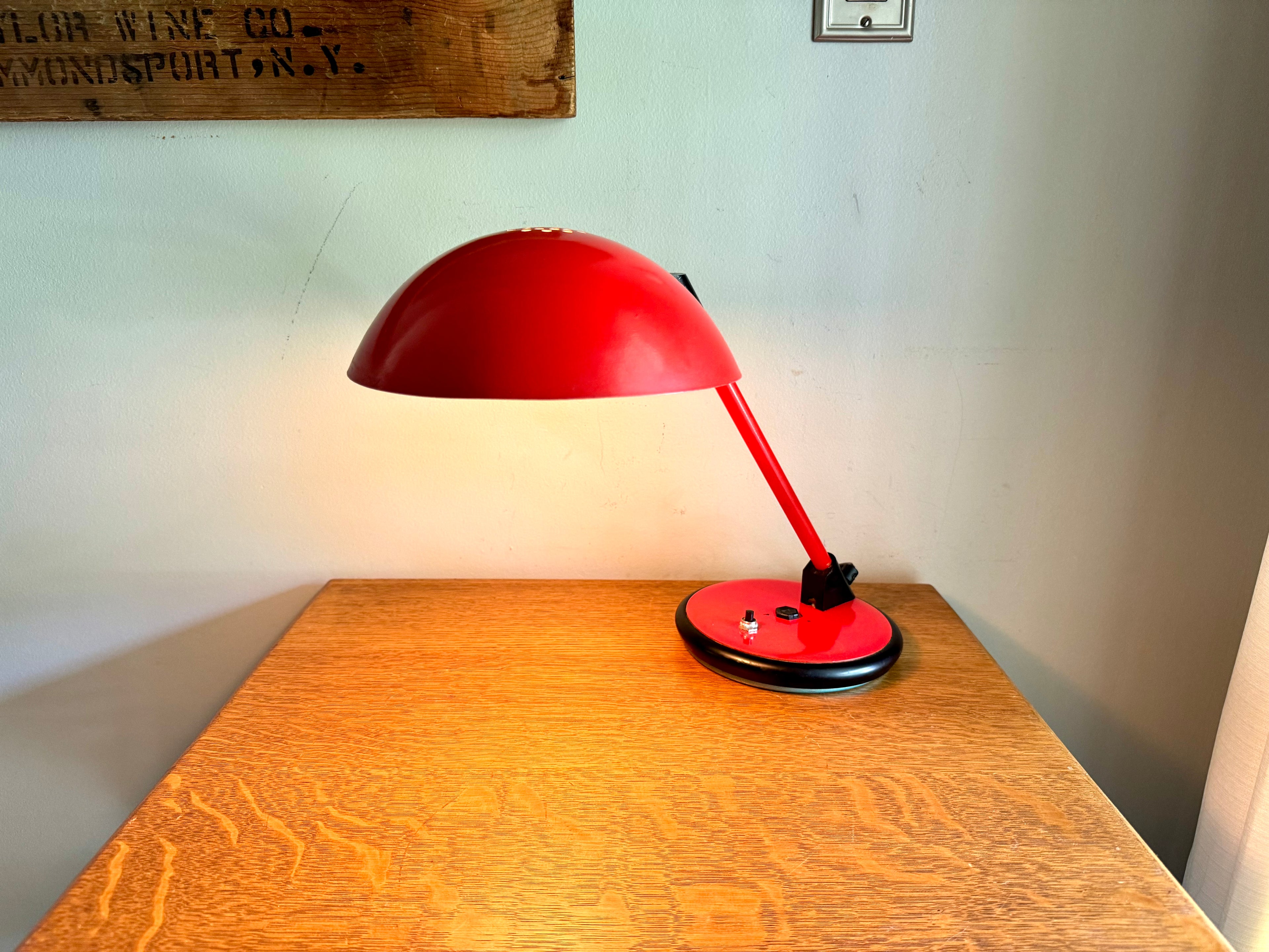 Vintage Red Art Specialty Table Lamp | Post Modern Atomic Desk Lamp | Red Flying Saucer Shade Desk Lamp | Red MCM Desk Lamp