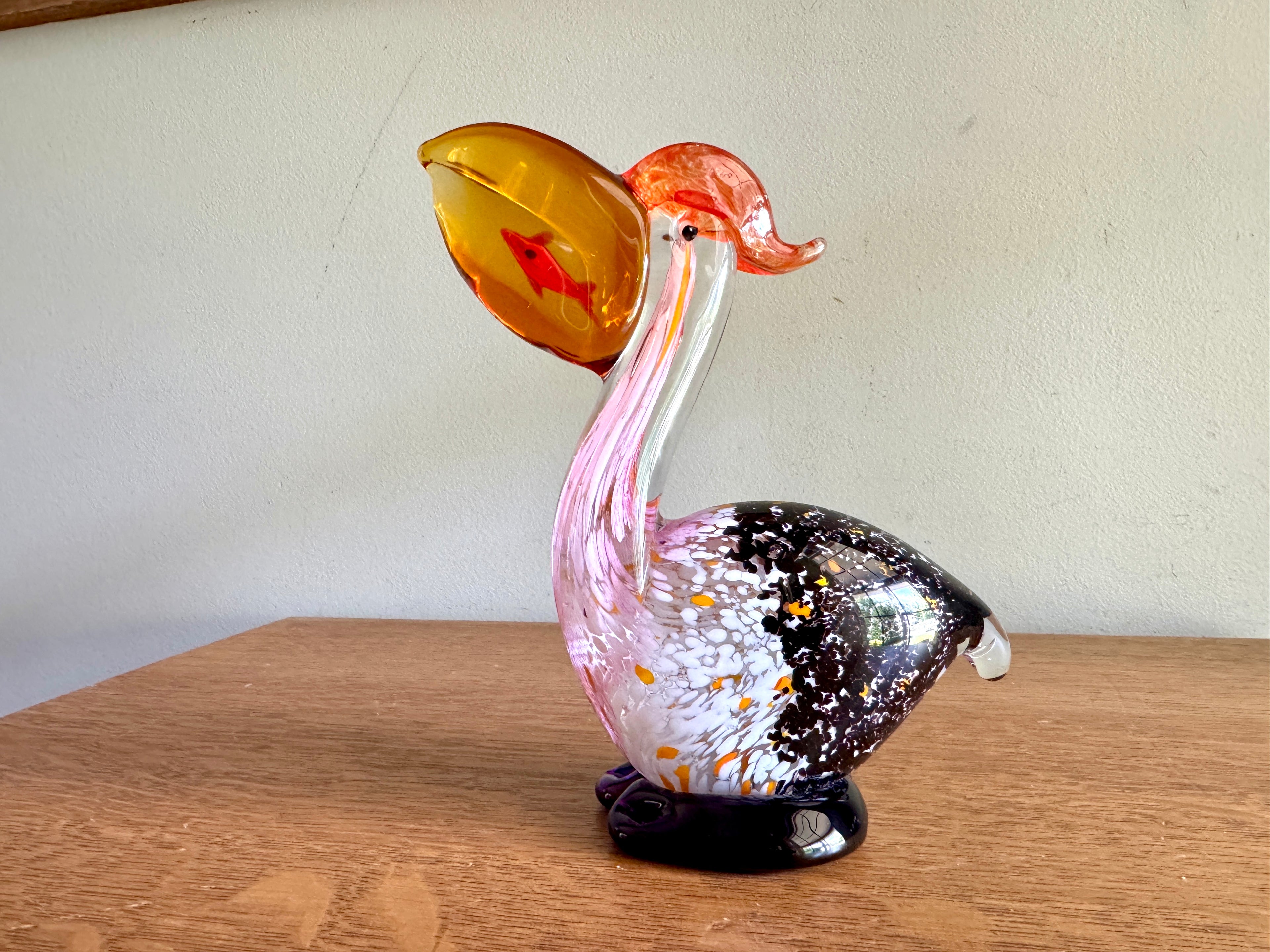 Hand Blown Murano Art Glass Pelican with Blue Base ~ Glass Pelican With Fish In His Mouth