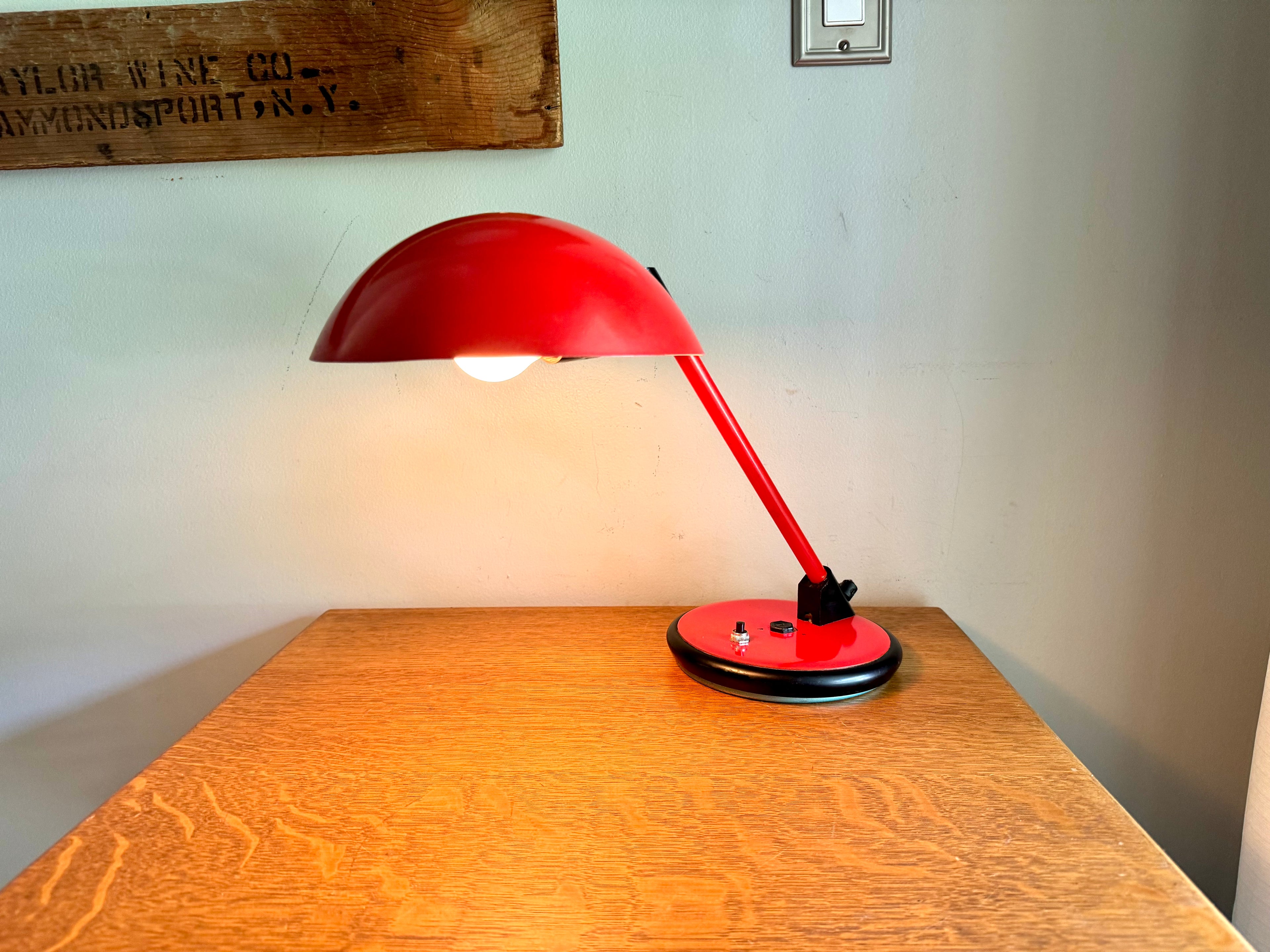 Vintage Red Art Specialty Table Lamp | Post Modern Atomic Desk Lamp | Red Flying Saucer Shade Desk Lamp | Red MCM Desk Lamp