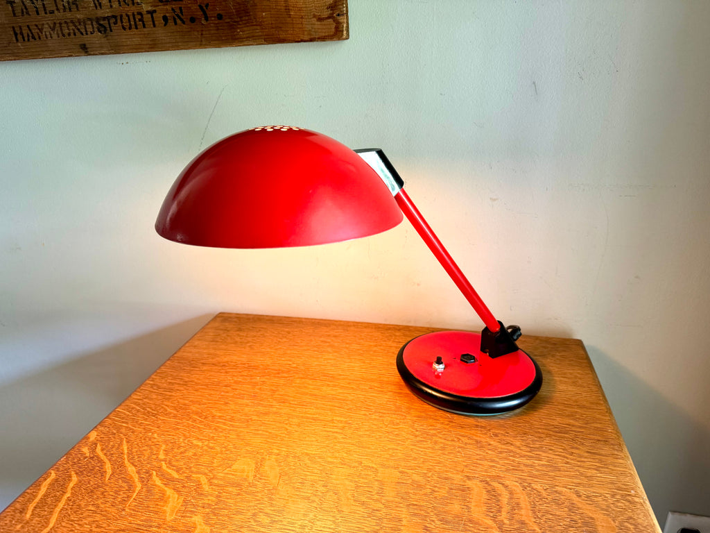 Vintage Red Art Specialty Table Lamp | Post Modern Atomic Desk Lamp | Red Flying Saucer Shade Desk Lamp | Red MCM Desk Lamp