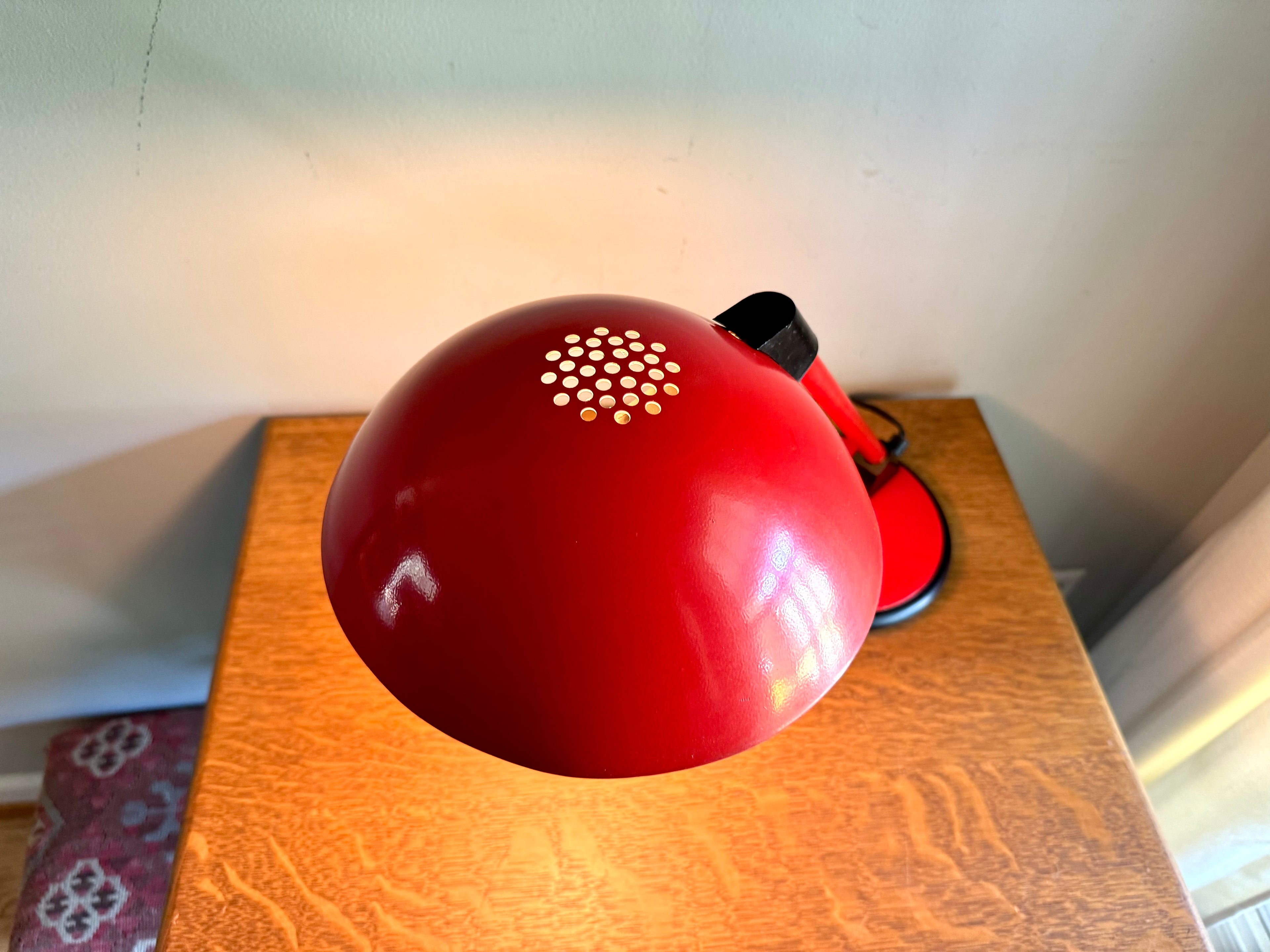 Vintage Red Art Specialty Table Lamp | Post Modern Atomic Desk Lamp | Red Flying Saucer Shade Desk Lamp | Red MCM Desk Lamp