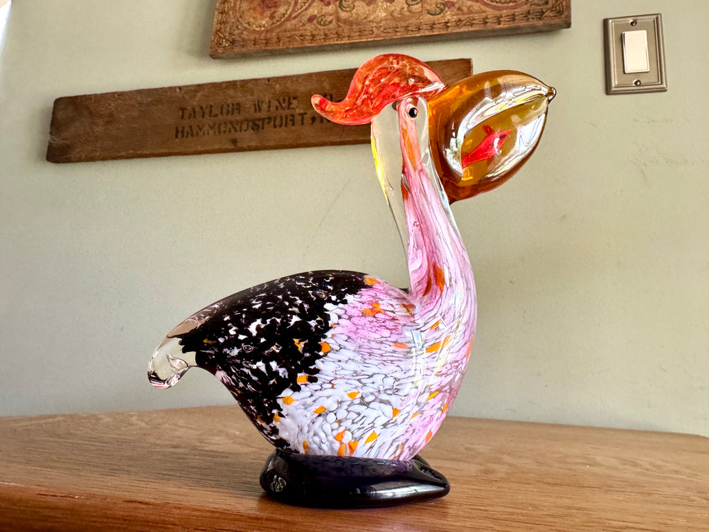 Hand Blown Murano Art Glass Pelican with Blue Base ~ Glass Pelican With Fish In His Mouth