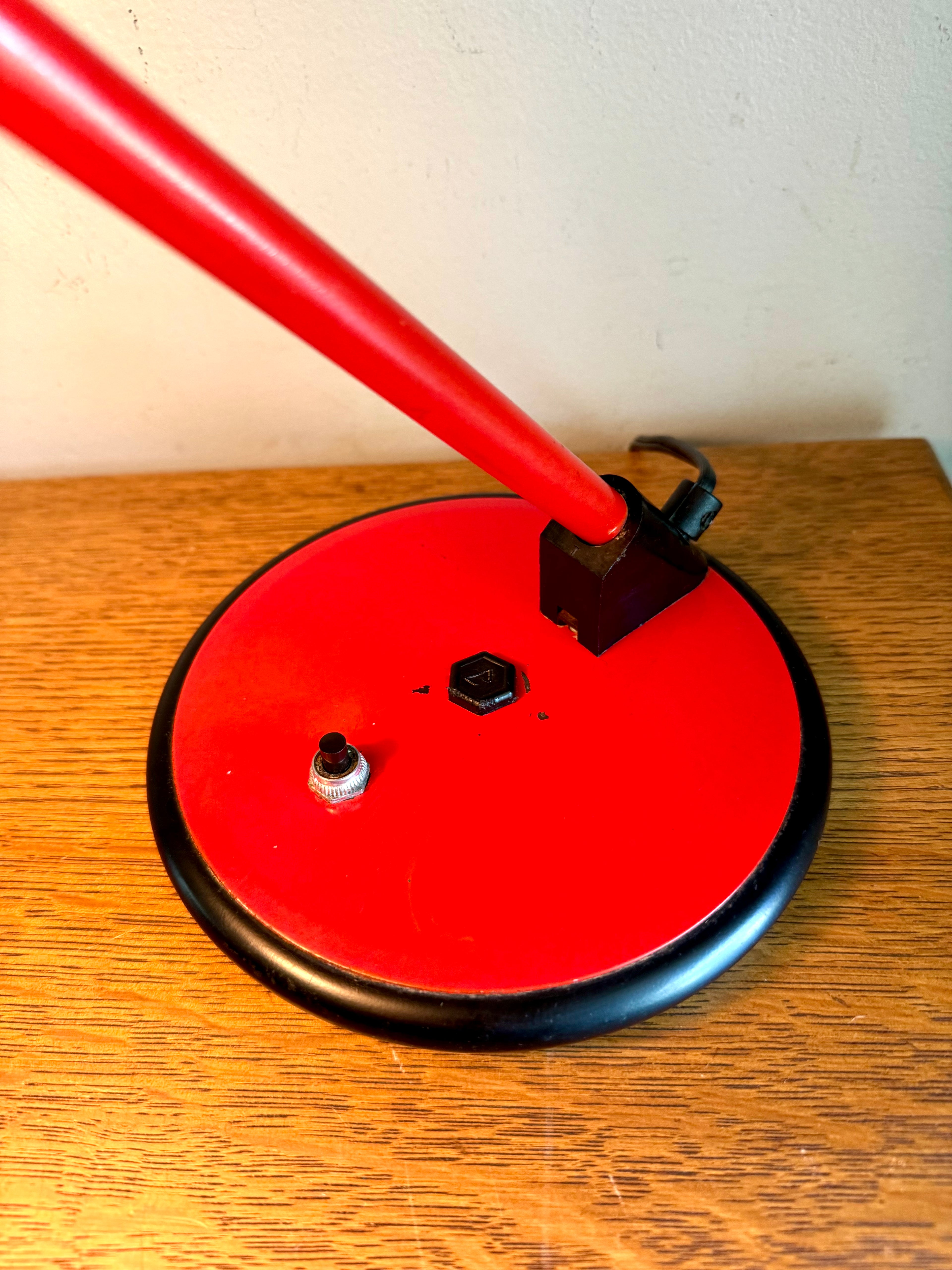Vintage Red Art Specialty Table Lamp | Post Modern Atomic Desk Lamp | Red Flying Saucer Shade Desk Lamp | Red MCM Desk Lamp