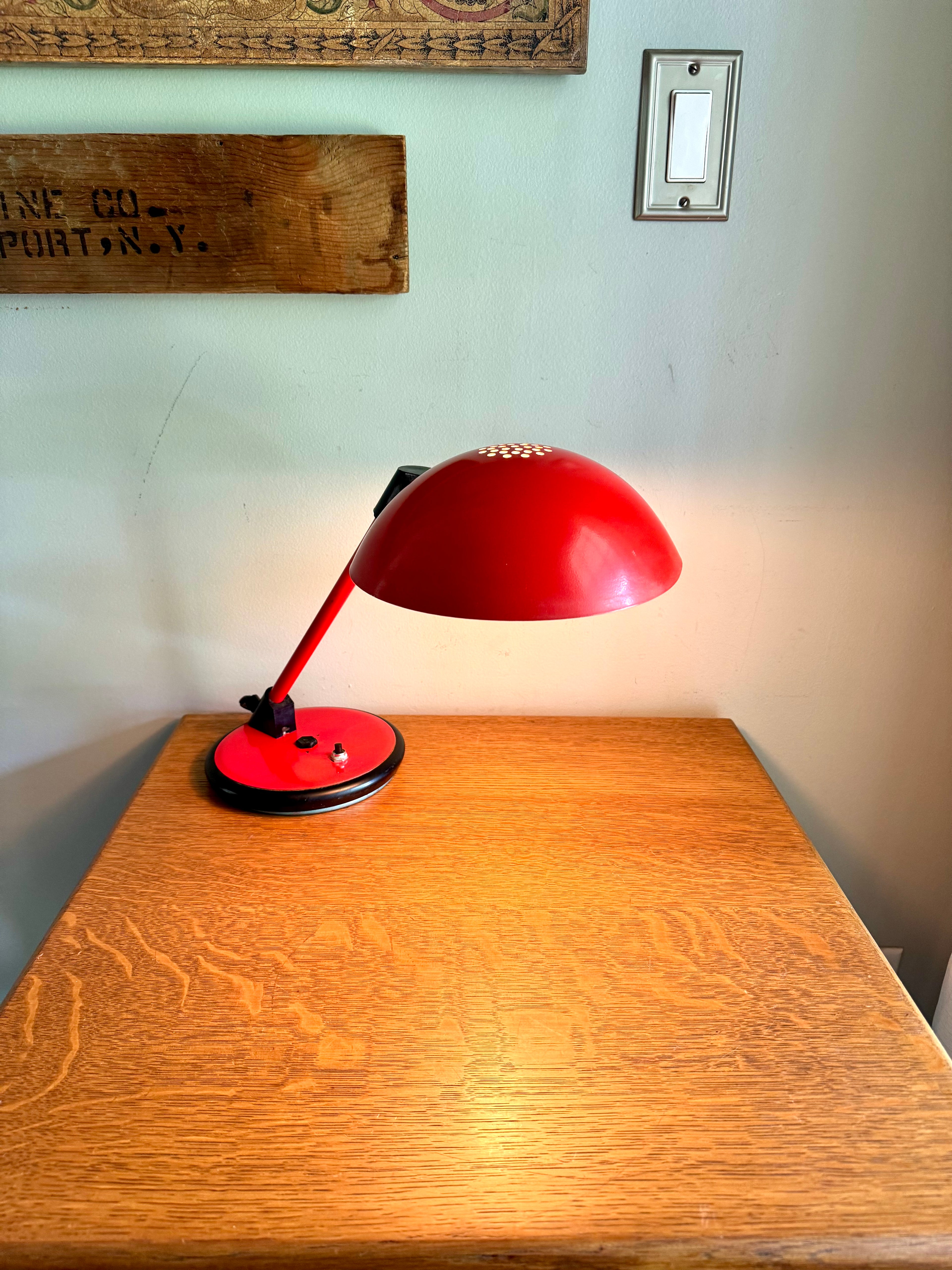 Vintage Red Art Specialty Table Lamp | Post Modern Atomic Desk Lamp | Red Flying Saucer Shade Desk Lamp | Red MCM Desk Lamp