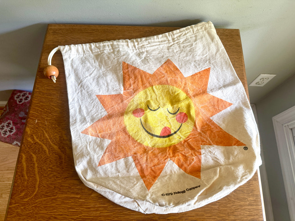 Vintage 1979 Kelloggs Canvas Sunshine Tote ~ 70's Canvas Drawstring Sunshine Tote with Wood Knob
