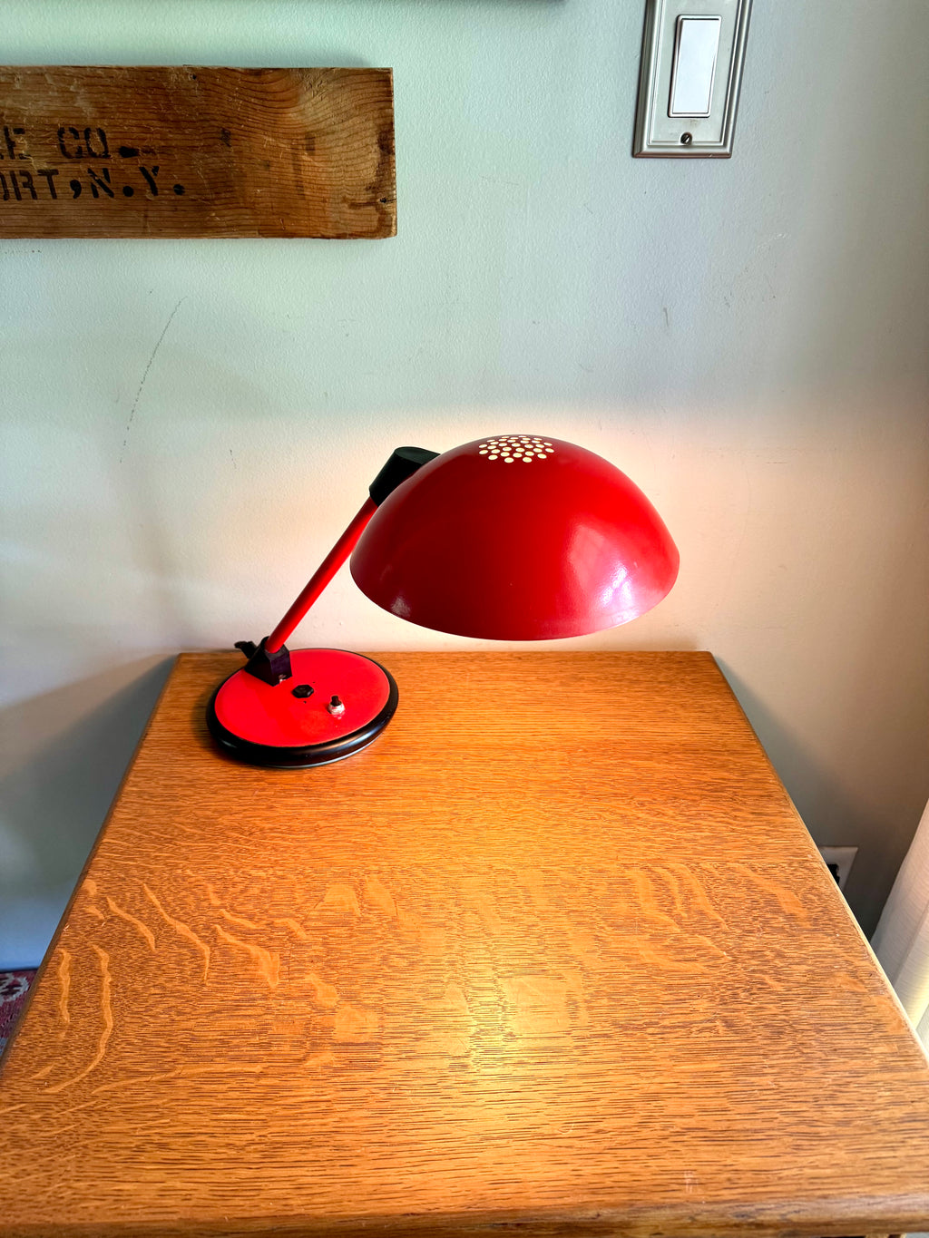 Vintage Red Art Specialty Table Lamp | Post Modern Atomic Desk Lamp | Red Flying Saucer Shade Desk Lamp | Red MCM Desk Lamp