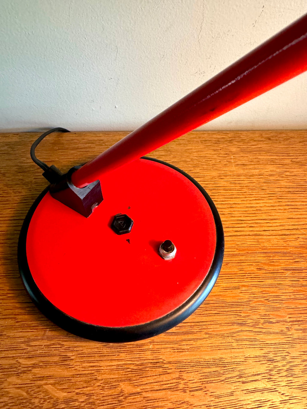 Vintage Red Art Specialty Table Lamp | Post Modern Atomic Desk Lamp | Red Flying Saucer Shade Desk Lamp | Red MCM Desk Lamp