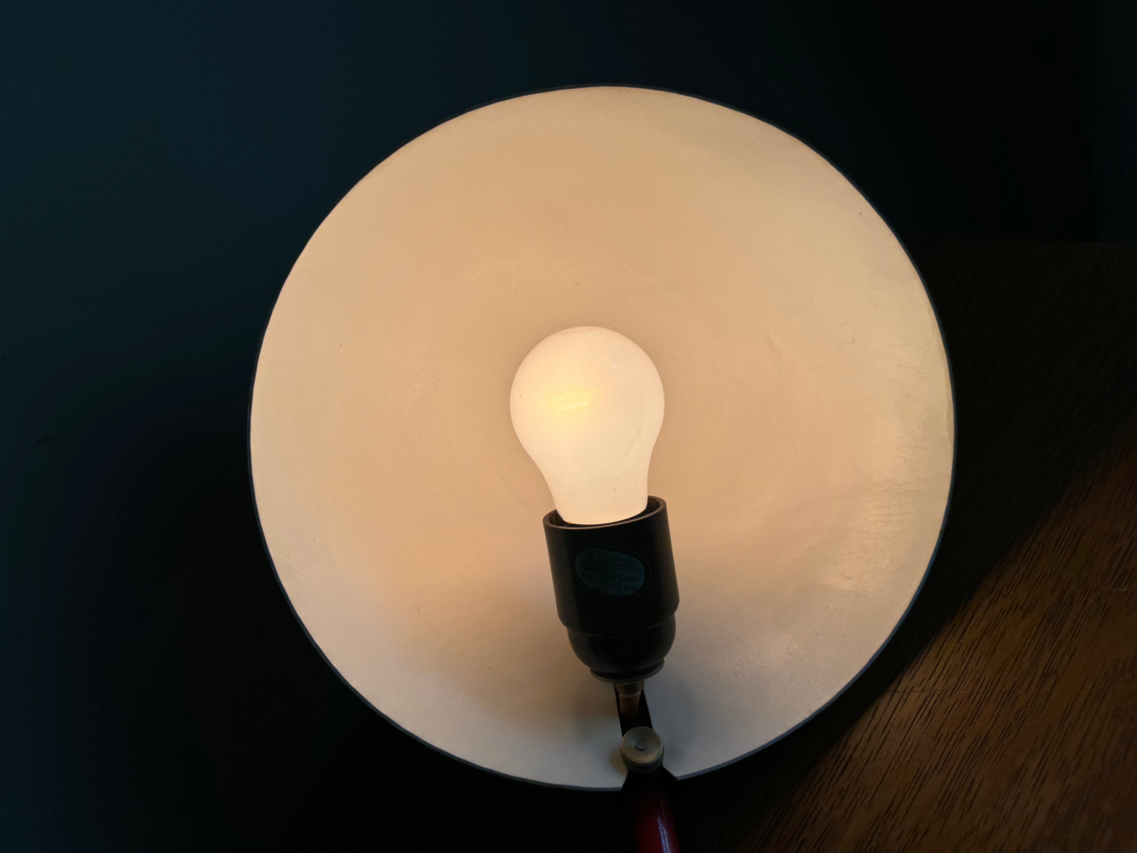 Vintage Red Art Specialty Table Lamp | Post Modern Atomic Desk Lamp | Red Flying Saucer Shade Desk Lamp | Red MCM Desk Lamp