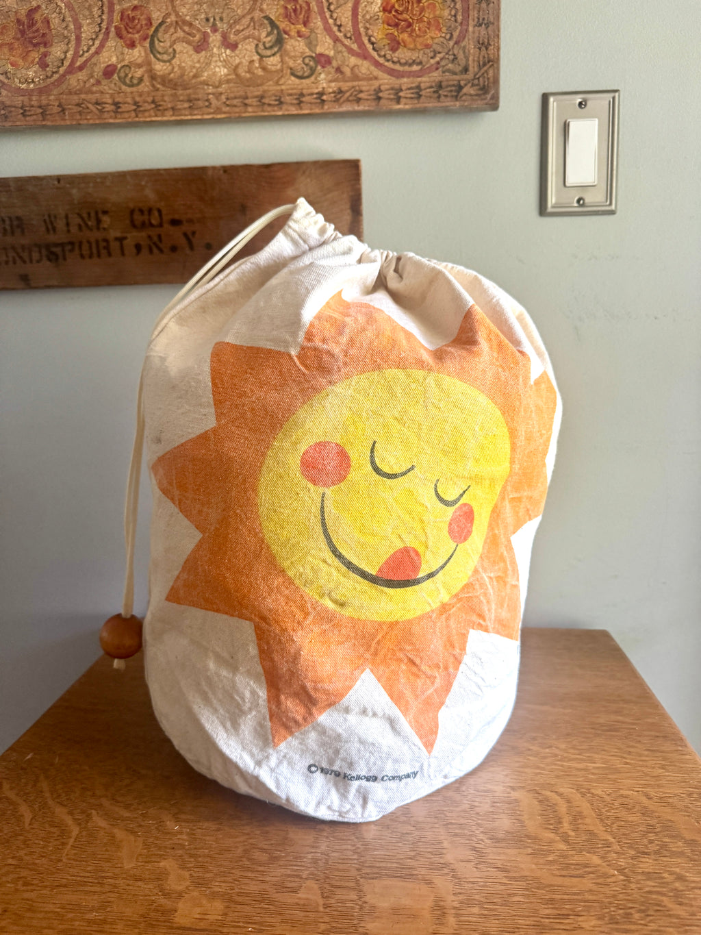 Vintage 1979 Kelloggs Canvas Sunshine Tote ~ 70's Canvas Drawstring Sunshine Tote with Wood Knob