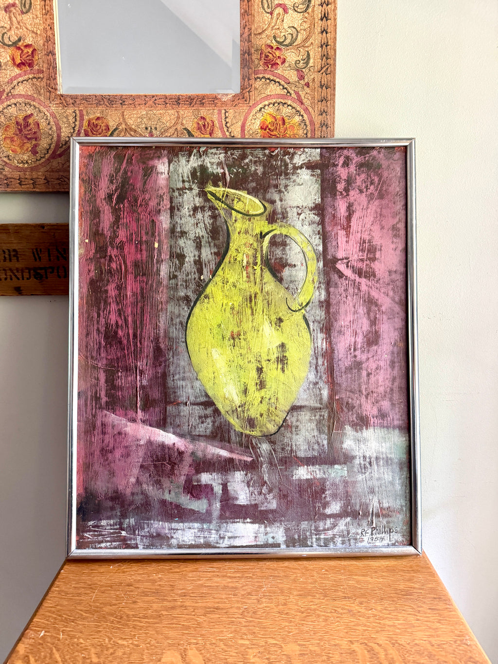 MCM Abstract Still Life Painting ~ 1954 Framed RF Phillips Signed Textured Painting