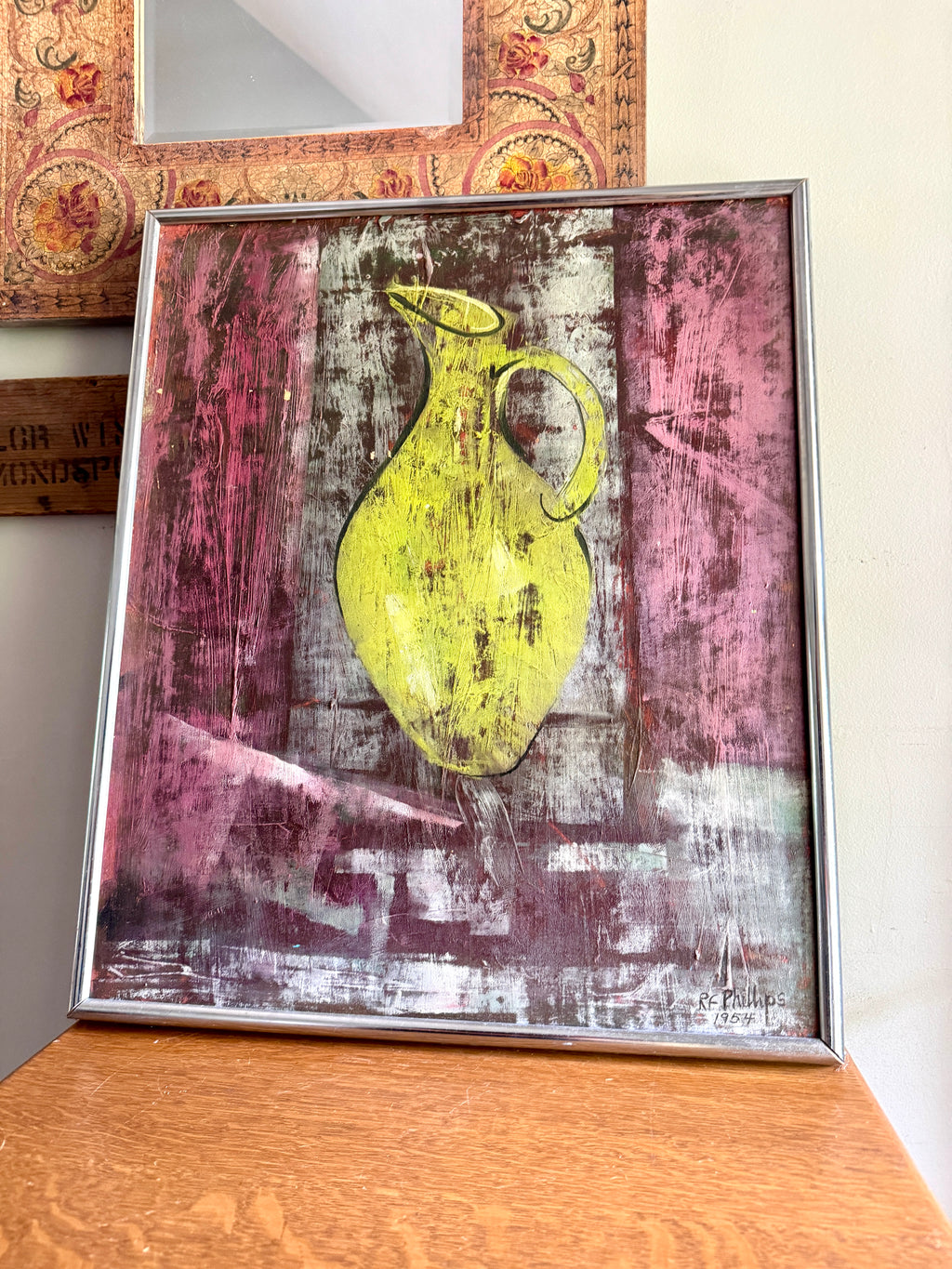 MCM Abstract Still Life Painting ~ 1954 Framed RF Phillips Signed Textured Painting