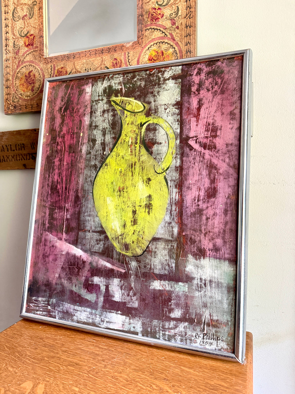 MCM Abstract Still Life Painting ~ 1954 Framed RF Phillips Signed Textured Painting