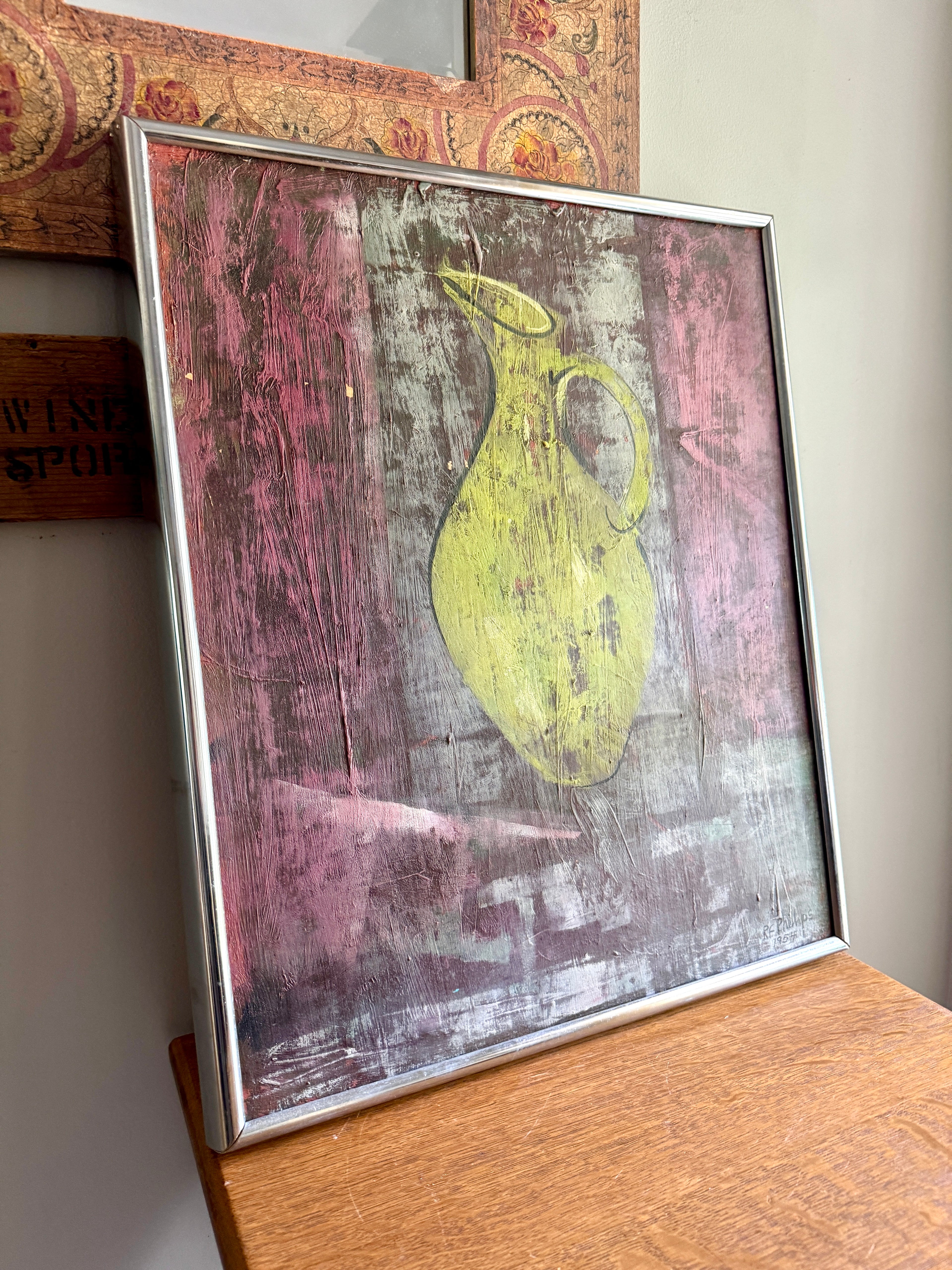 MCM Abstract Still Life Painting ~ 1954 Framed RF Phillips Signed Textured Painting